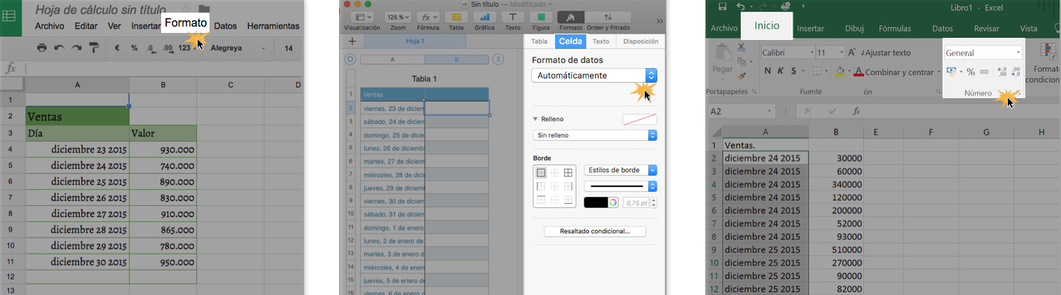 Imagen ejemplo de la opción de Formato en diferentes programas.