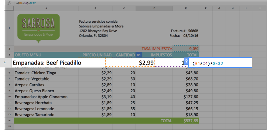 Imagen ejemplo de una formula con una referencia absoluta.