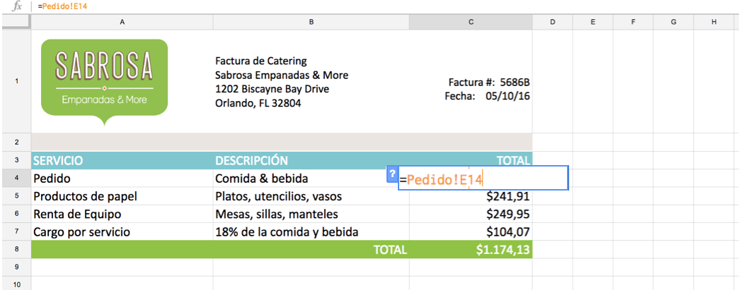 Imagen ejemplo de una fórmula de referencia de celda entre hojas de cálculo.