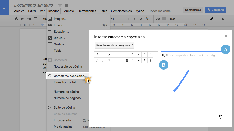 Insertar símbolos en Documentos de Google.