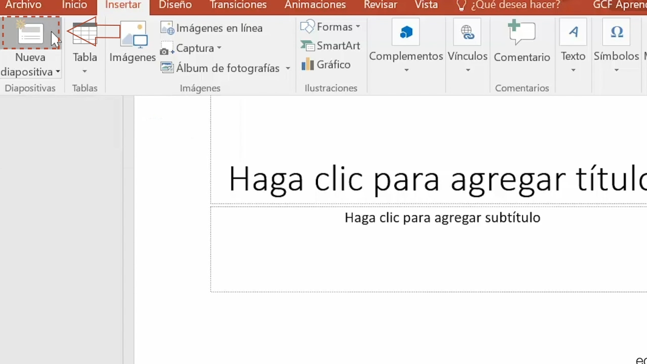 Imagen del programa Powerpoint añadiendo una nueva diapositiva.