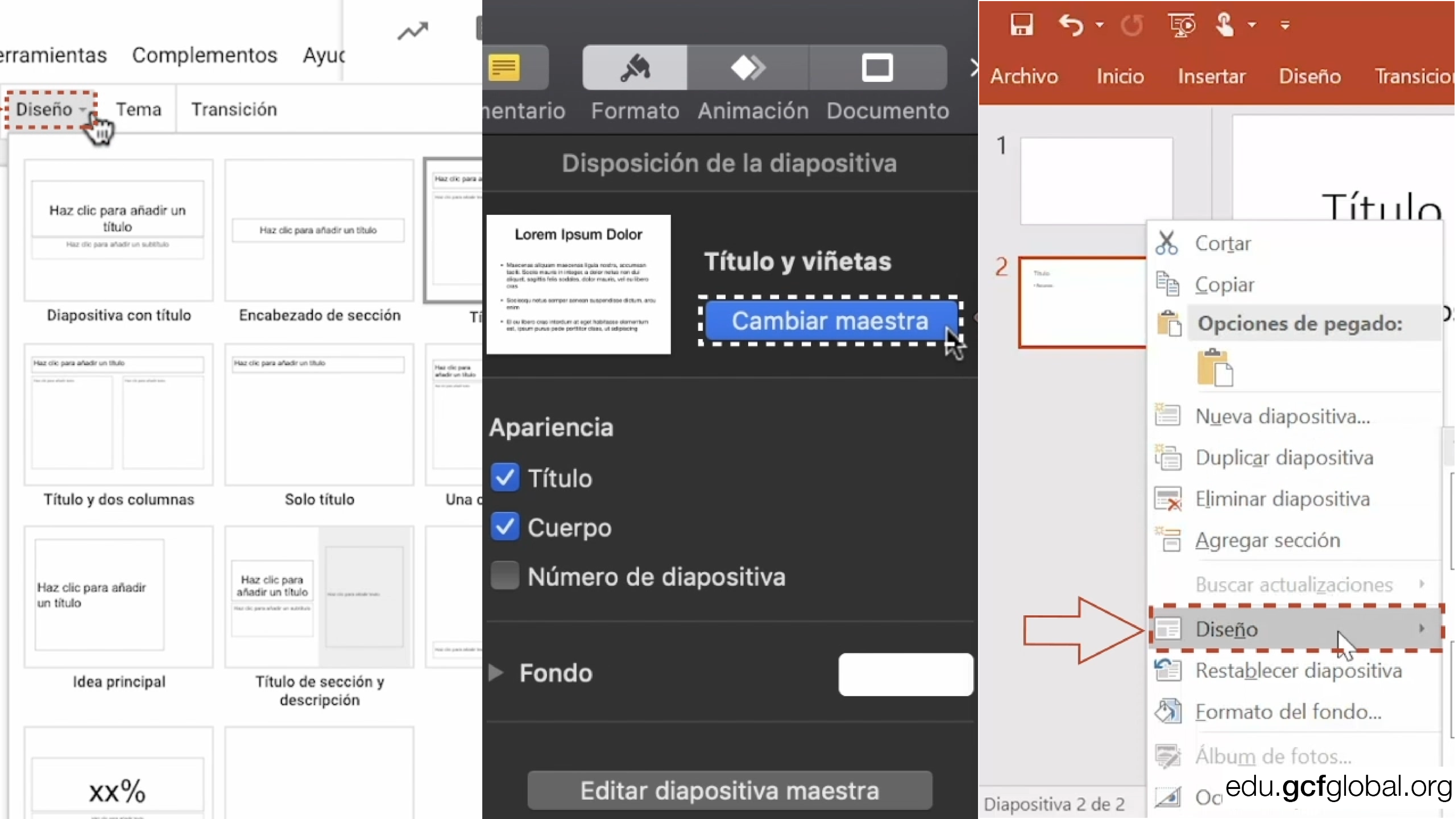 Imagen de programas Powerpoint, Keynote y Presentaciones de Google eligiendo las opciones para cambiar el formato de la diapositivas.