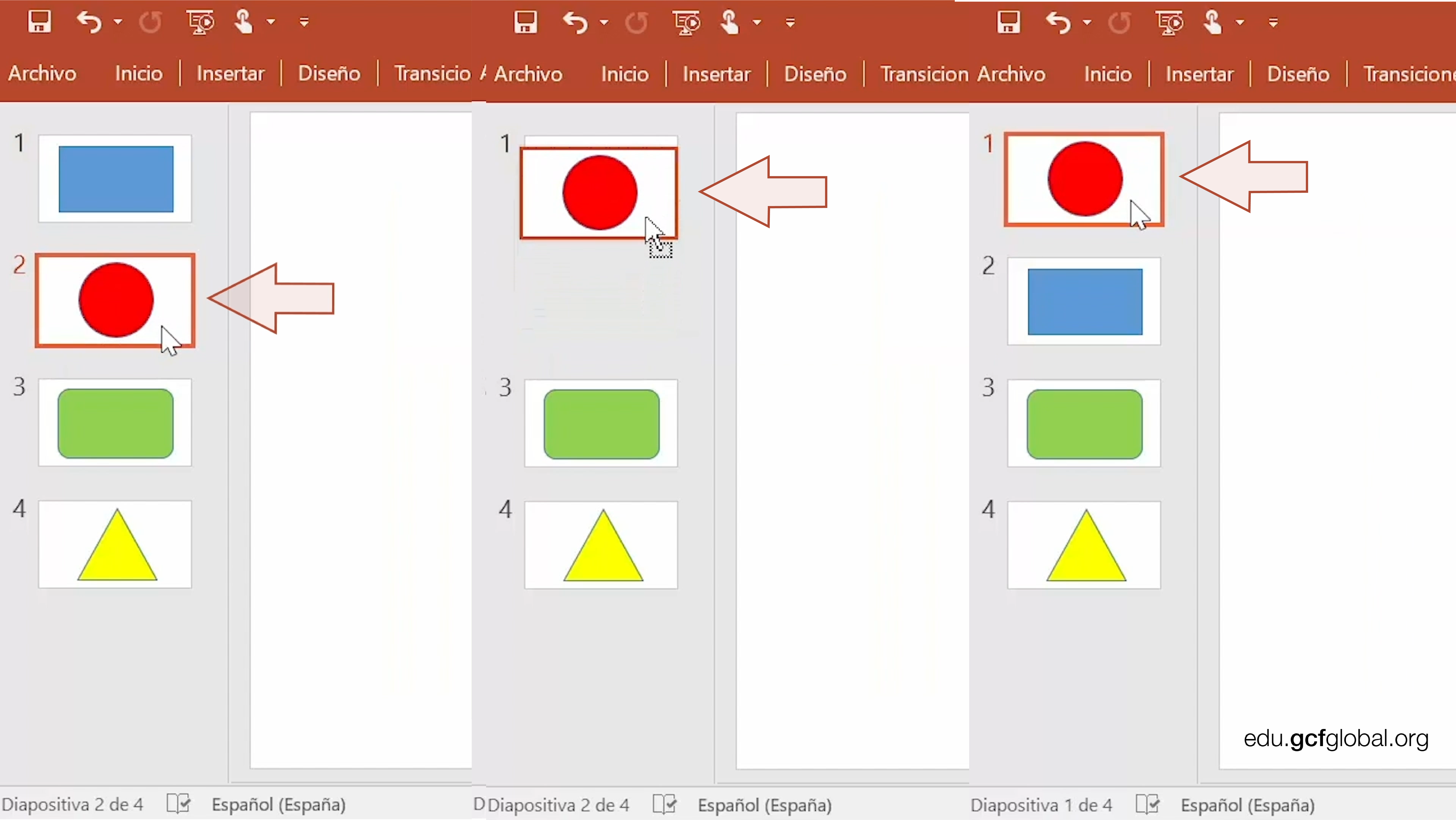 Capturas de pantalla de programa PowerPoint moviendo una diapositiva en una presentación.