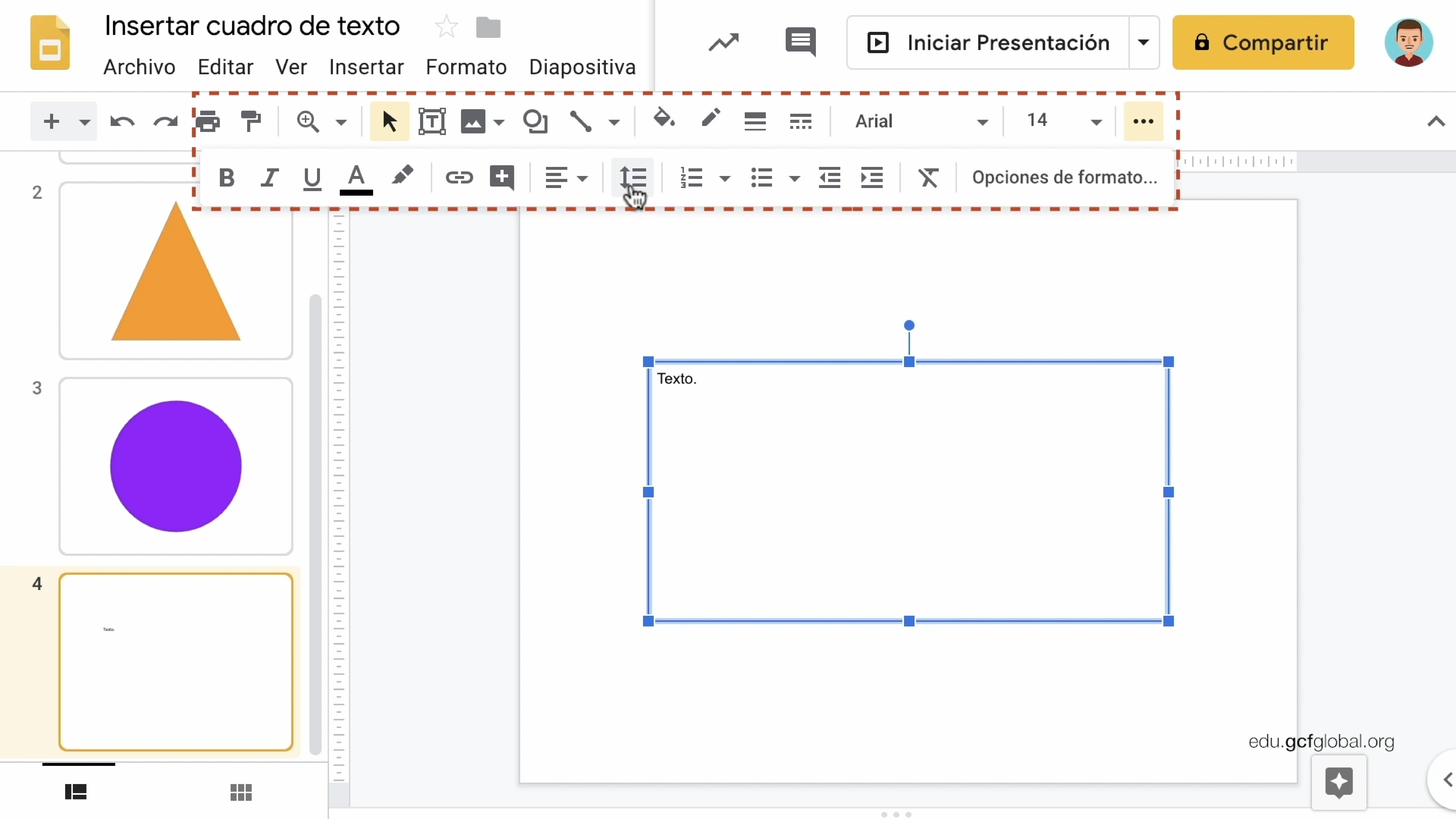 Imagen de Presentaciones de Google en las opciones  de texto ubicadas en la barra superior.