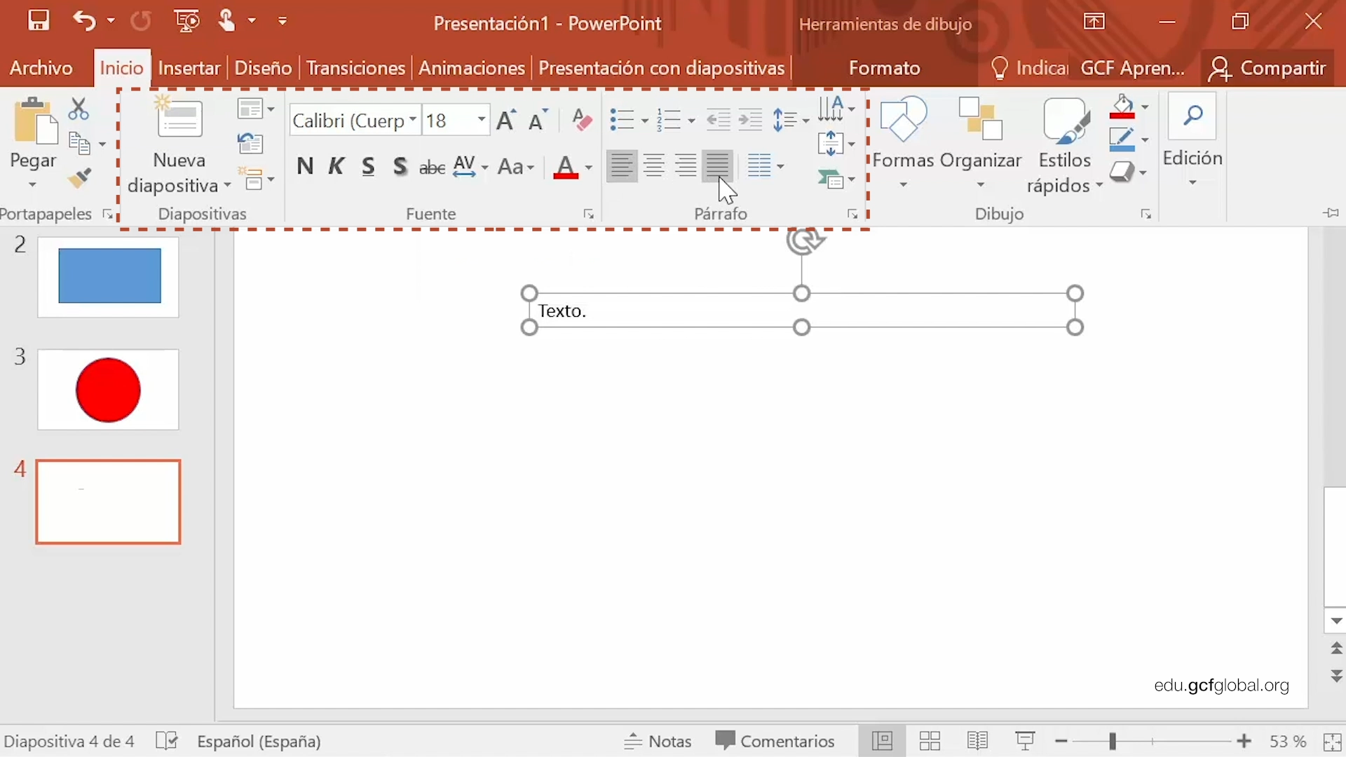 Imagen de Powerpoint con las opciones de formato del cuadro de texto.