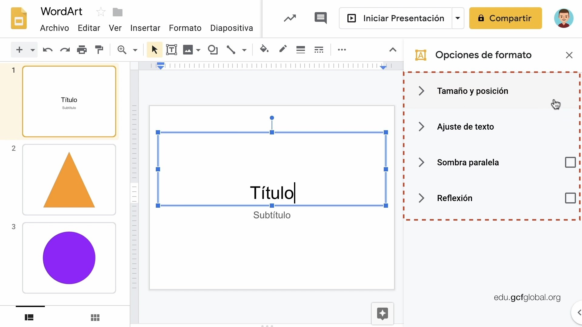 Imagen de Presentaciones de Google explorando las opciones Tamaño y posición, Ajuste de texto, Sombra Paralela y Reflexión.