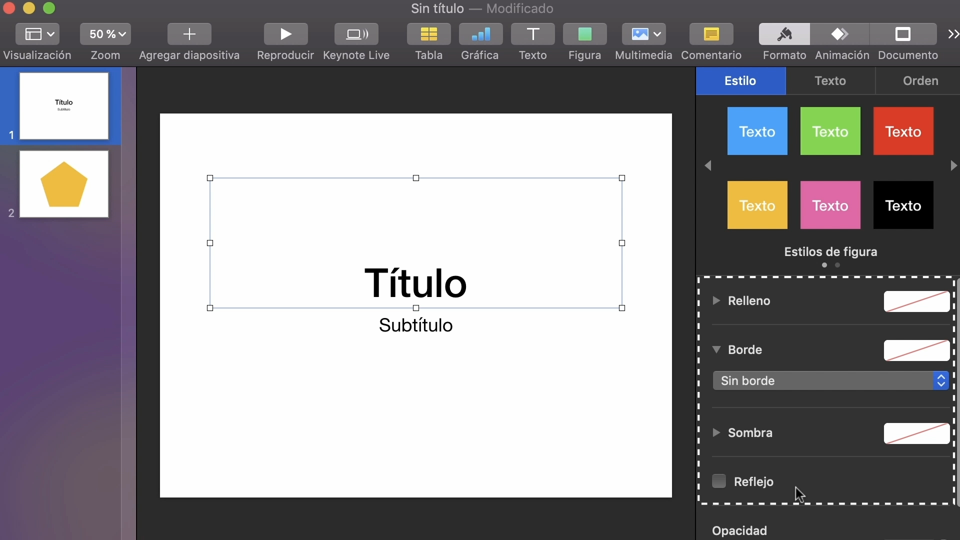 Imagen de Keynote explorando las opciones Relleno, Borde, Sombra y Reflejo.