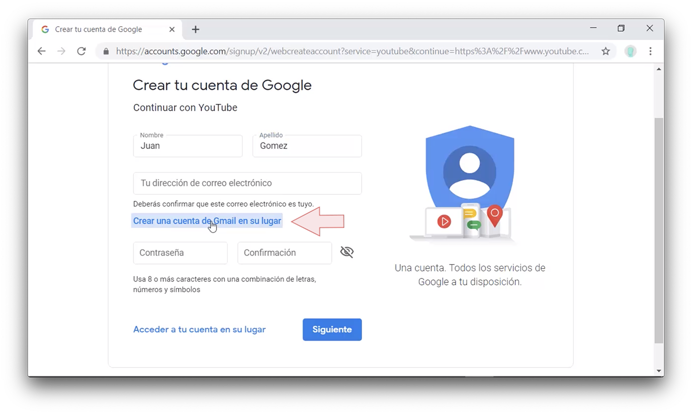 Imagen del formulario para crear una cuenta en YouTube.