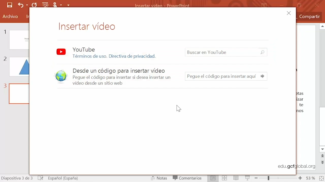 Imagen de Powerpoint con las opciones YouTube y URL para agregar un video.