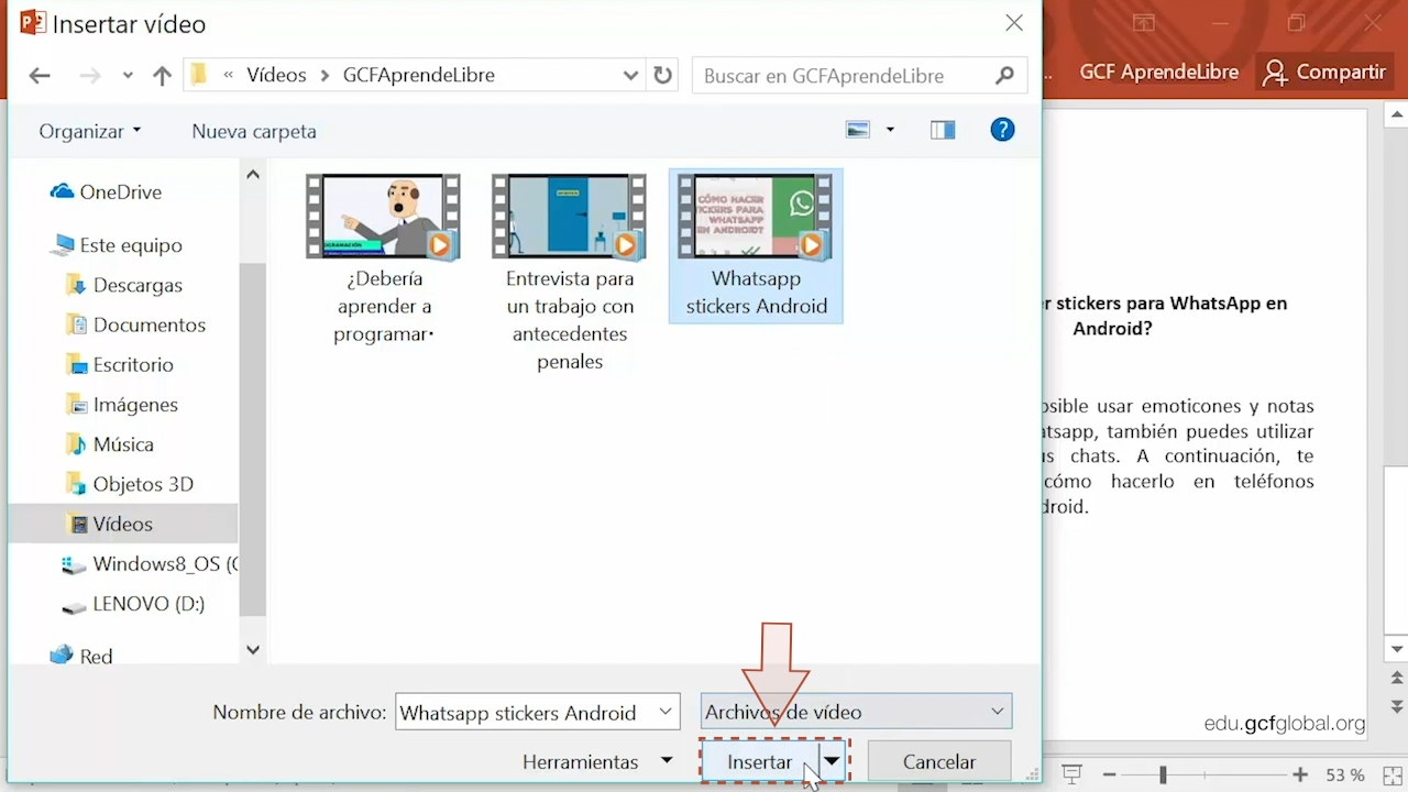 Imagen de Powerpoint insertando un video desde los archivos del computador.