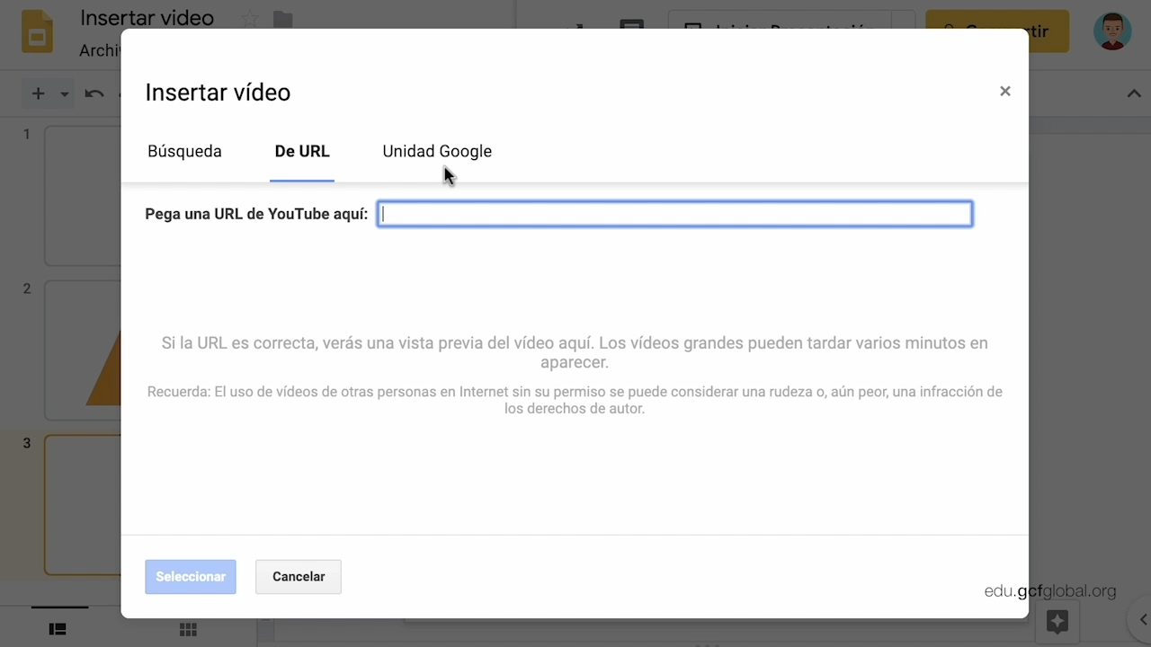 Imagen de Presentaciones de Google con las opciones YouTube, URL o Unidad de Google.