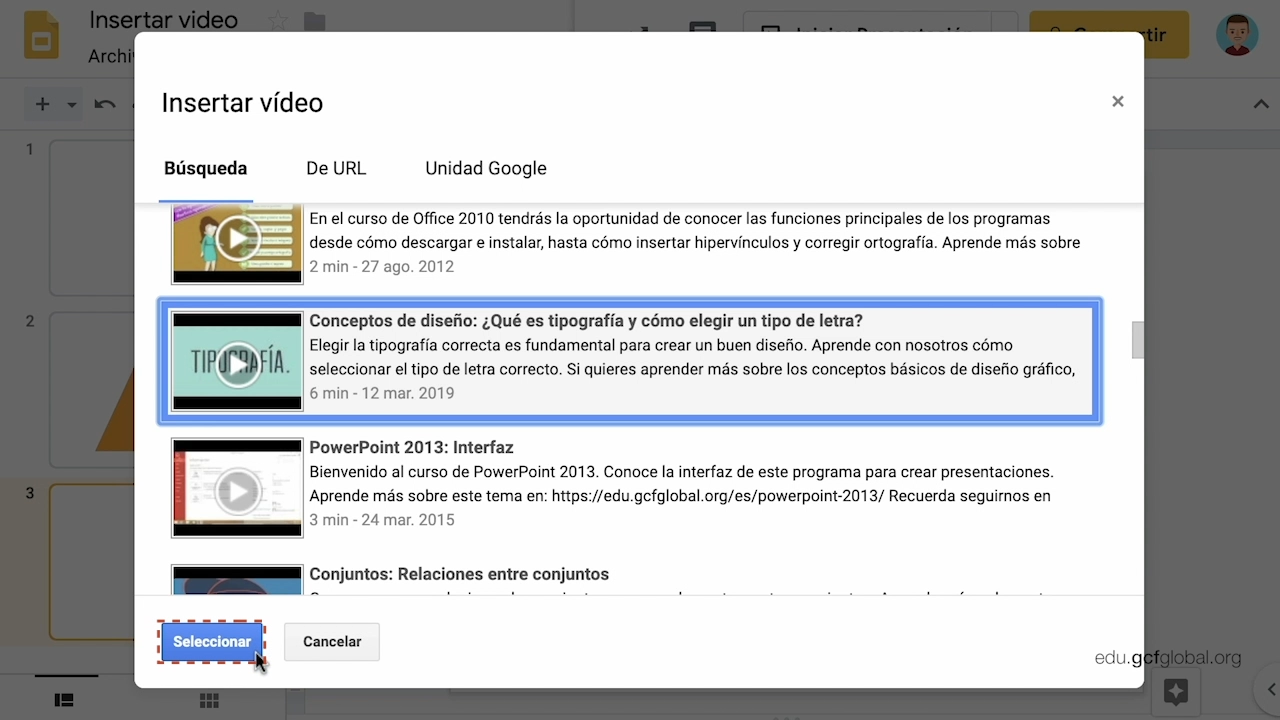 Imagen de Presentaciones de Google agregando un video desde la opción Búsqueda.