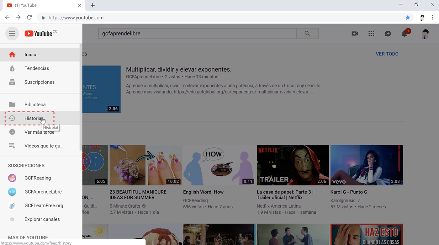 Imagen de historial de Youtube.