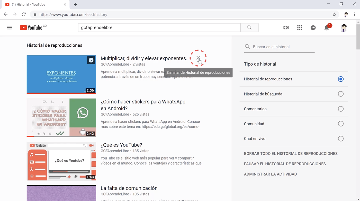 Eliminar video del historial de YouTube.