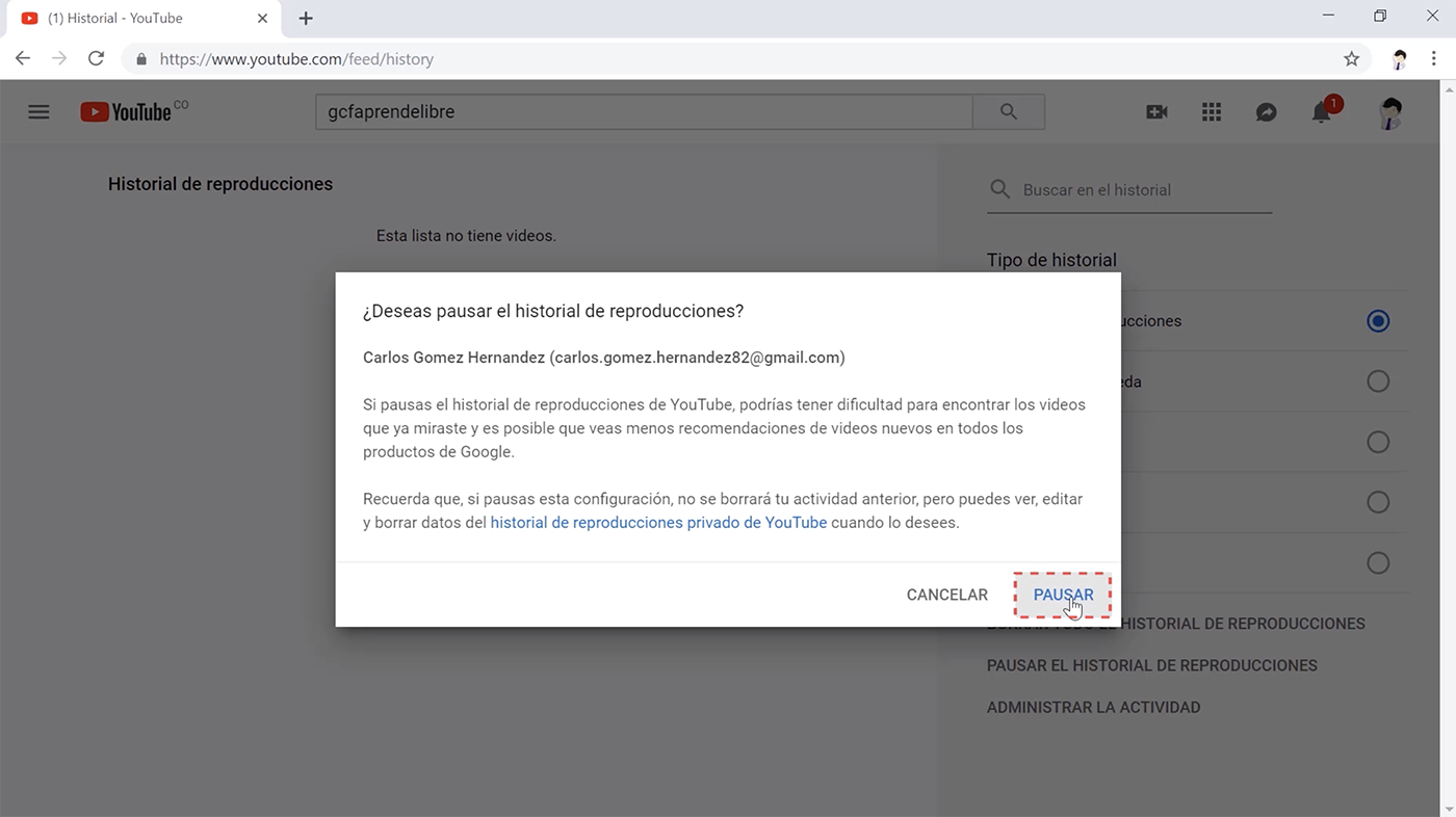 Imagen de opción pausar el historial de reproducciones en youtube.