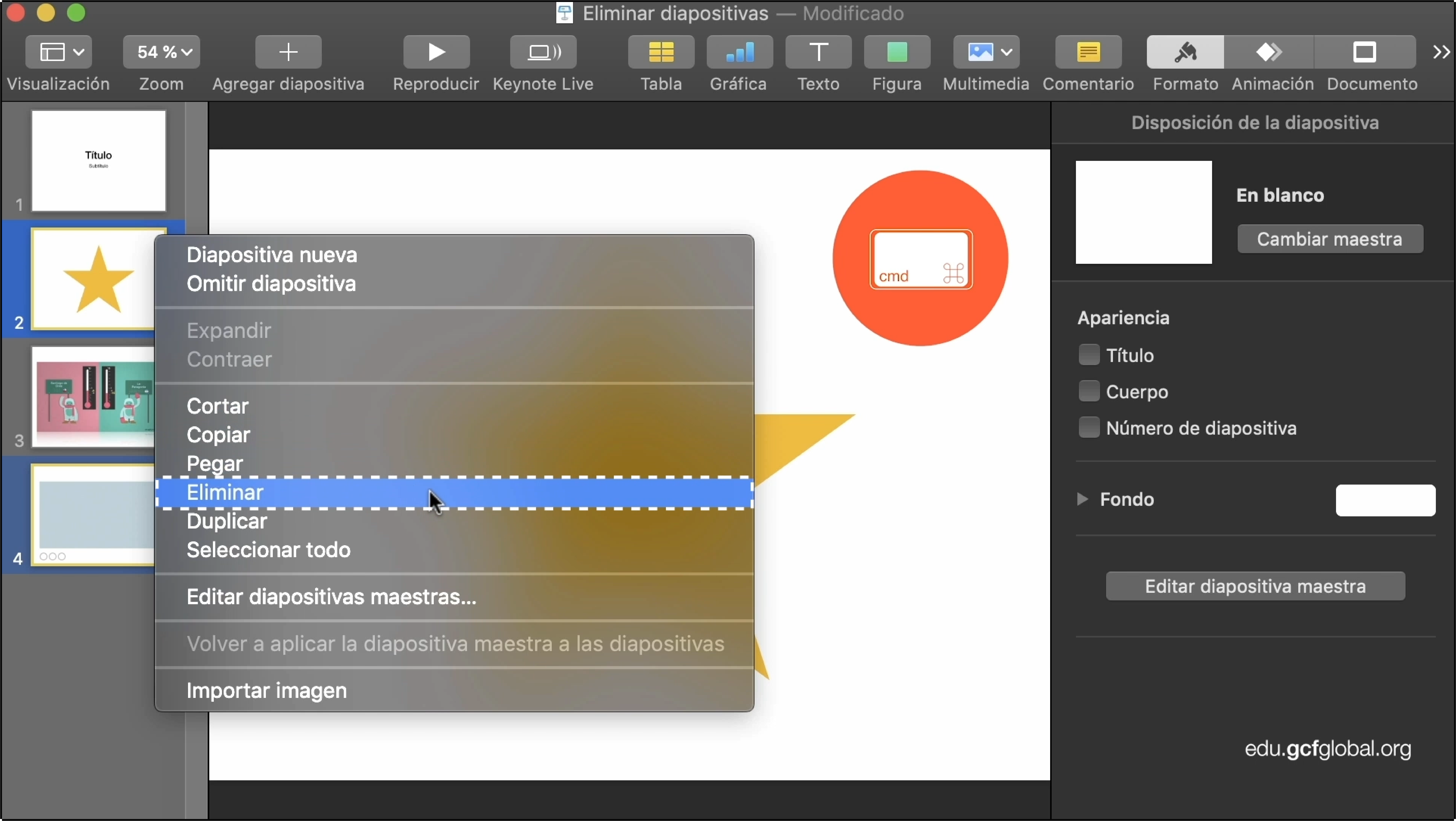 Imagen de programa Keynote eliminando dos o más diapositivas.