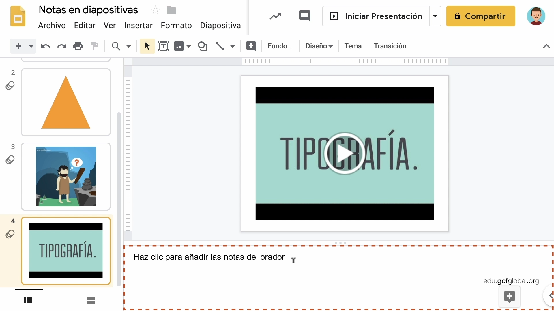 Imagen de Presentaciones de Google añadiendo las notas en la opción Notas del Orador.