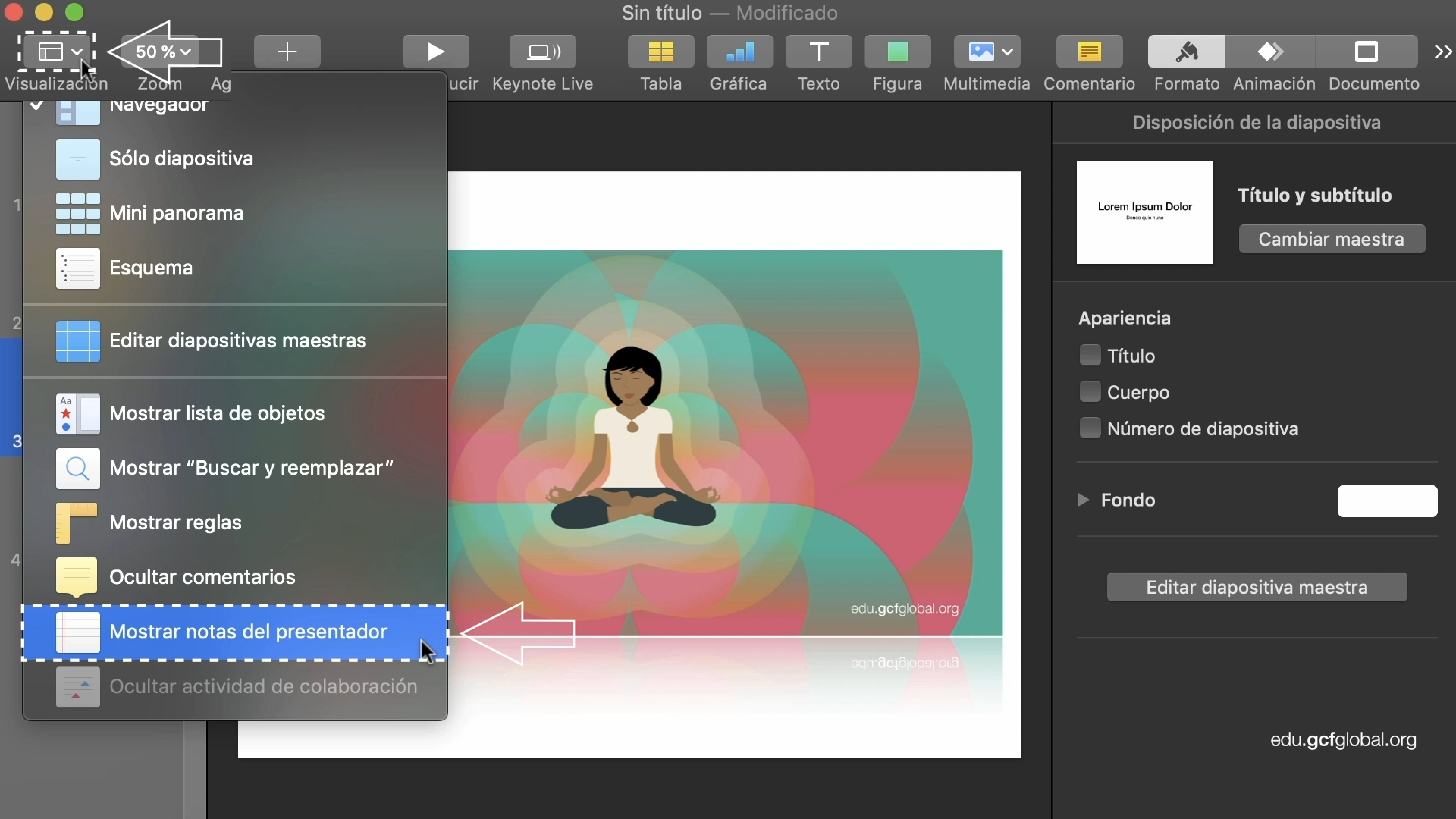 Imagen de Keynote eligiendo el botón Visualización, para luego elegir la opción Mostrar notas del presentador.