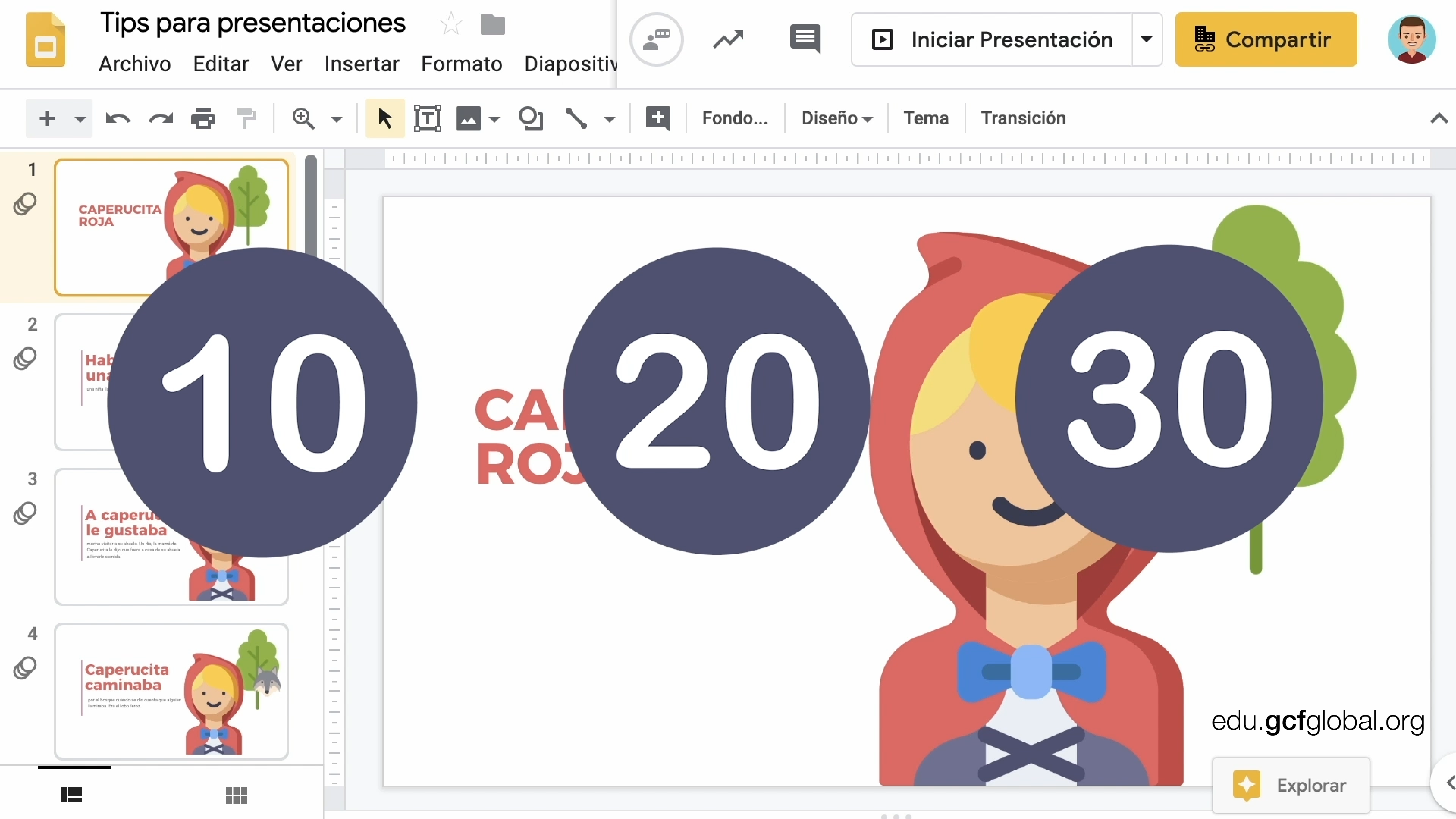 Imagen de diapositiva con los números de la regla 10,20 y 30.