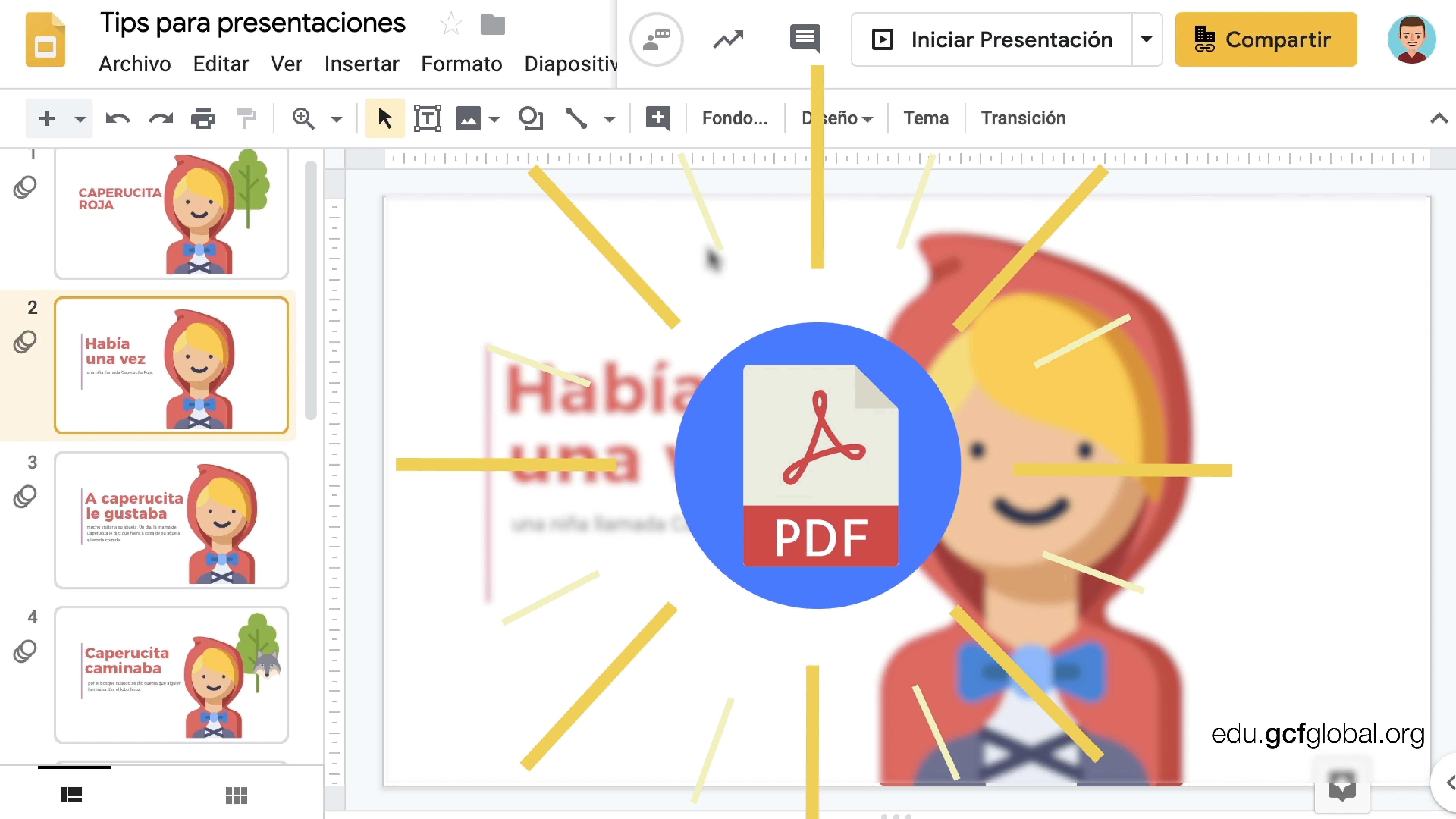 Imagen de diapositiva con el logo del formato PDF encima.