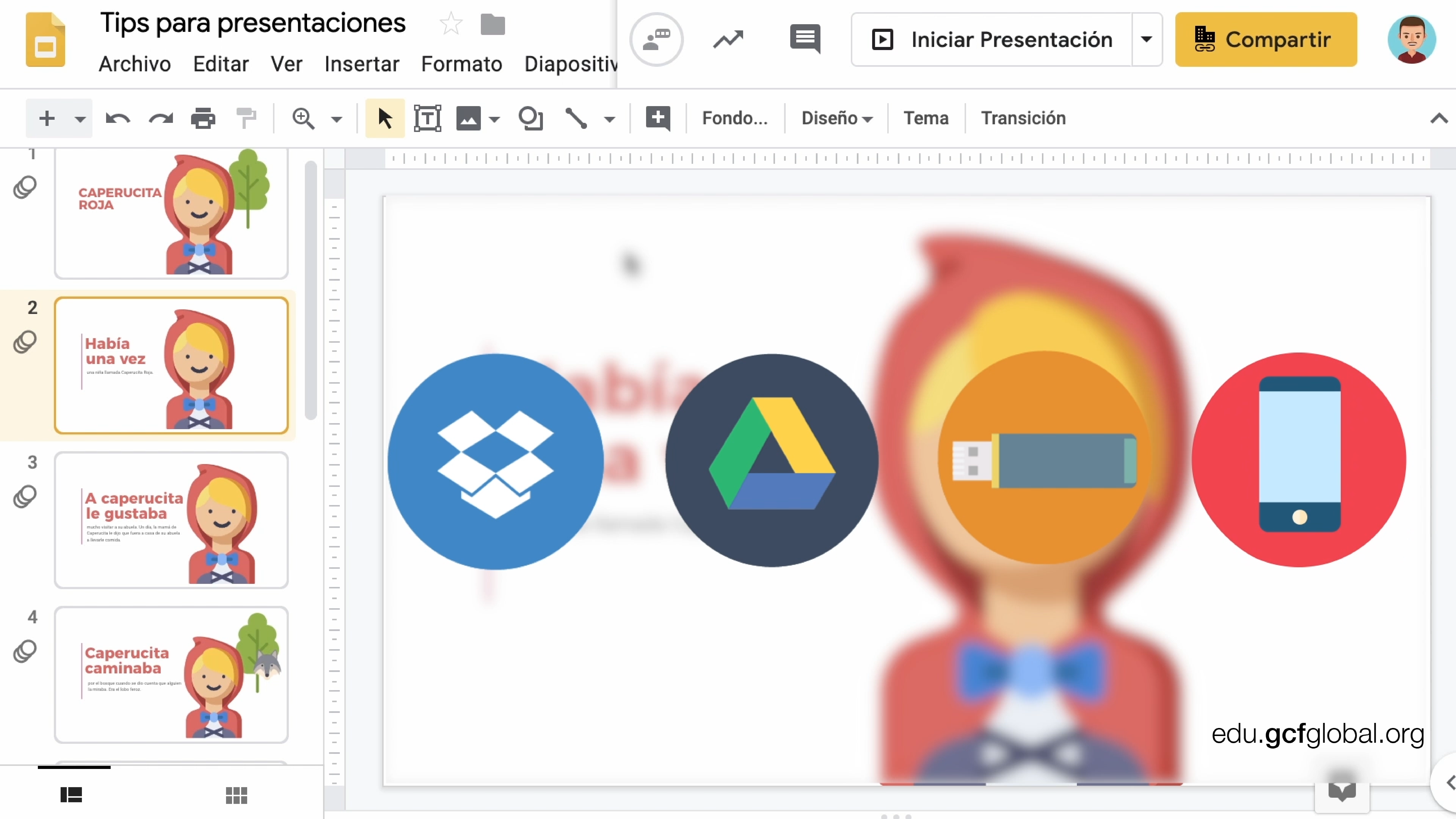 Imagen de diapositiva con recursos visuales de Dropbox, Google Drive, una USB y un celular inteligente.