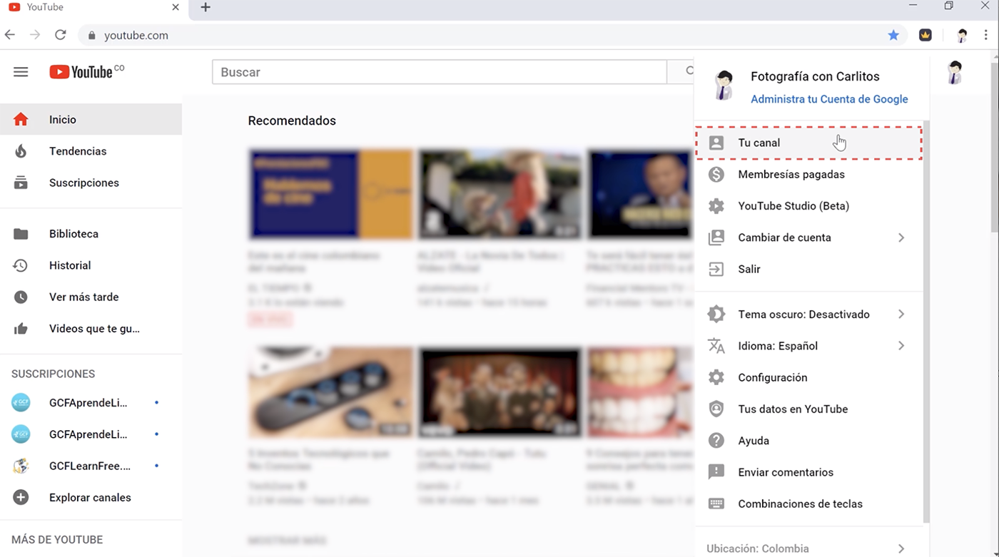 En el menú desplegable, selecciona la opción Tu canal.