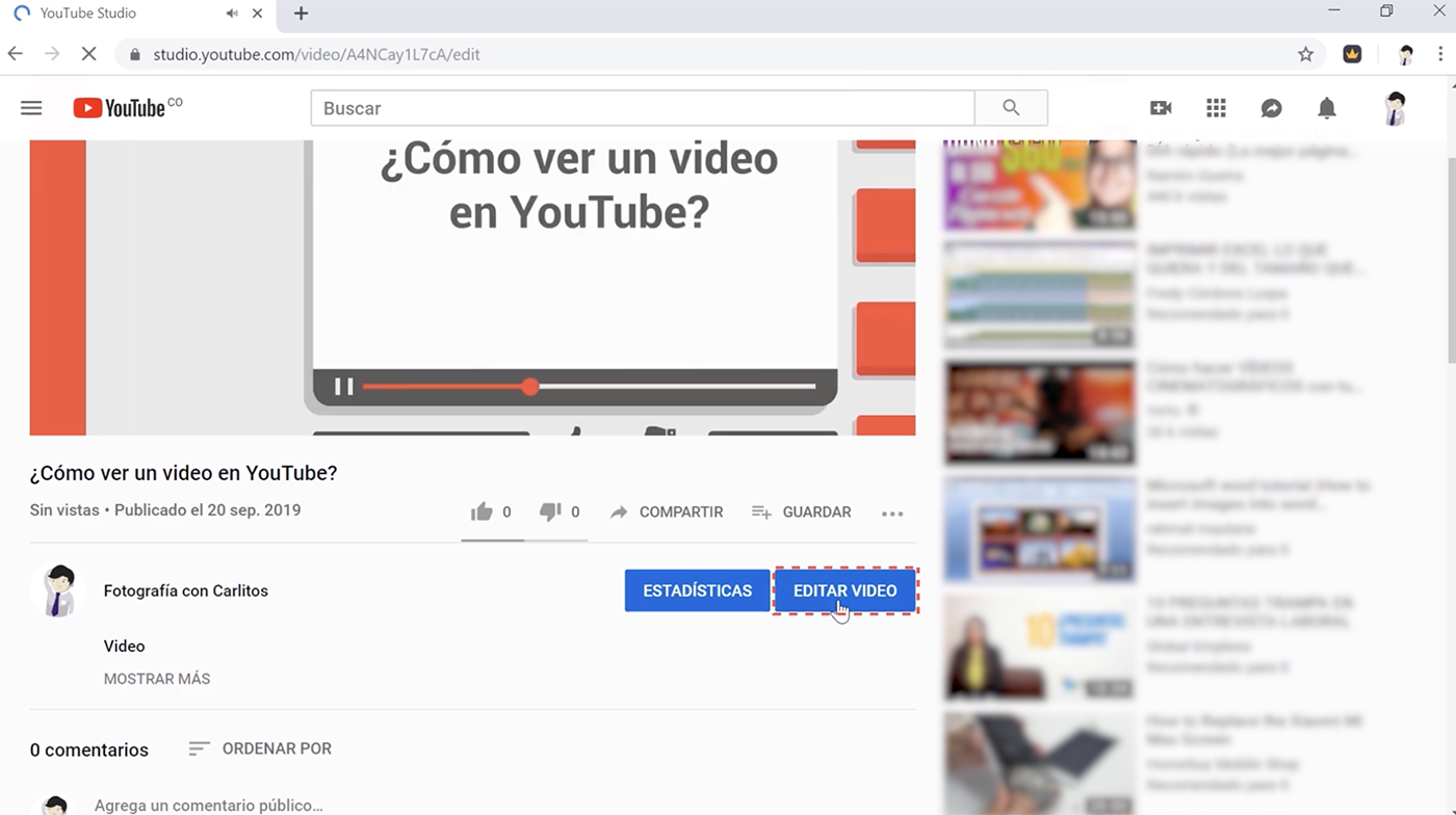 Para modificar los ajustes del contenido, haz clic en el botón Editar video.