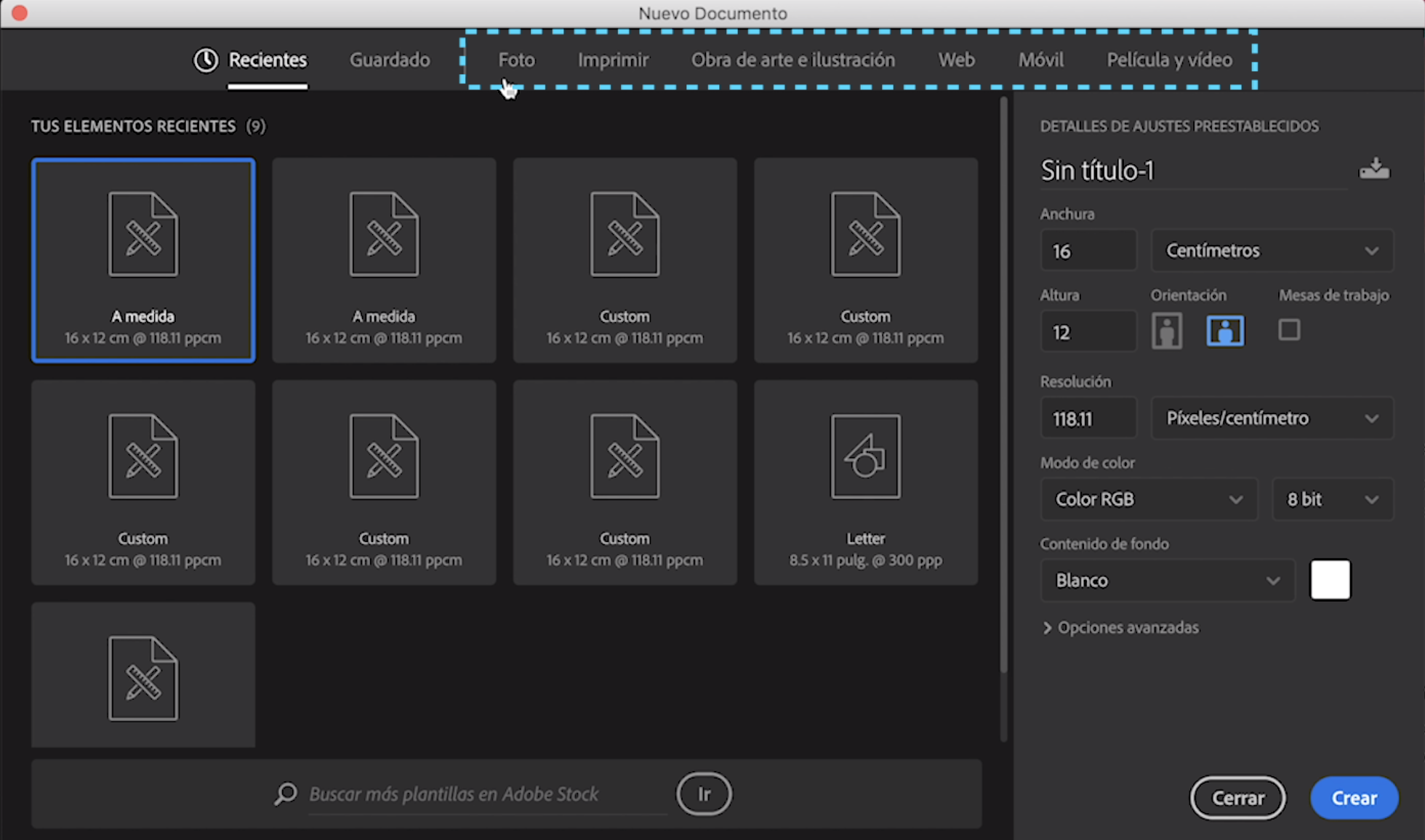 Usa las opciones de la parte superior para crear documentos con rapidez.