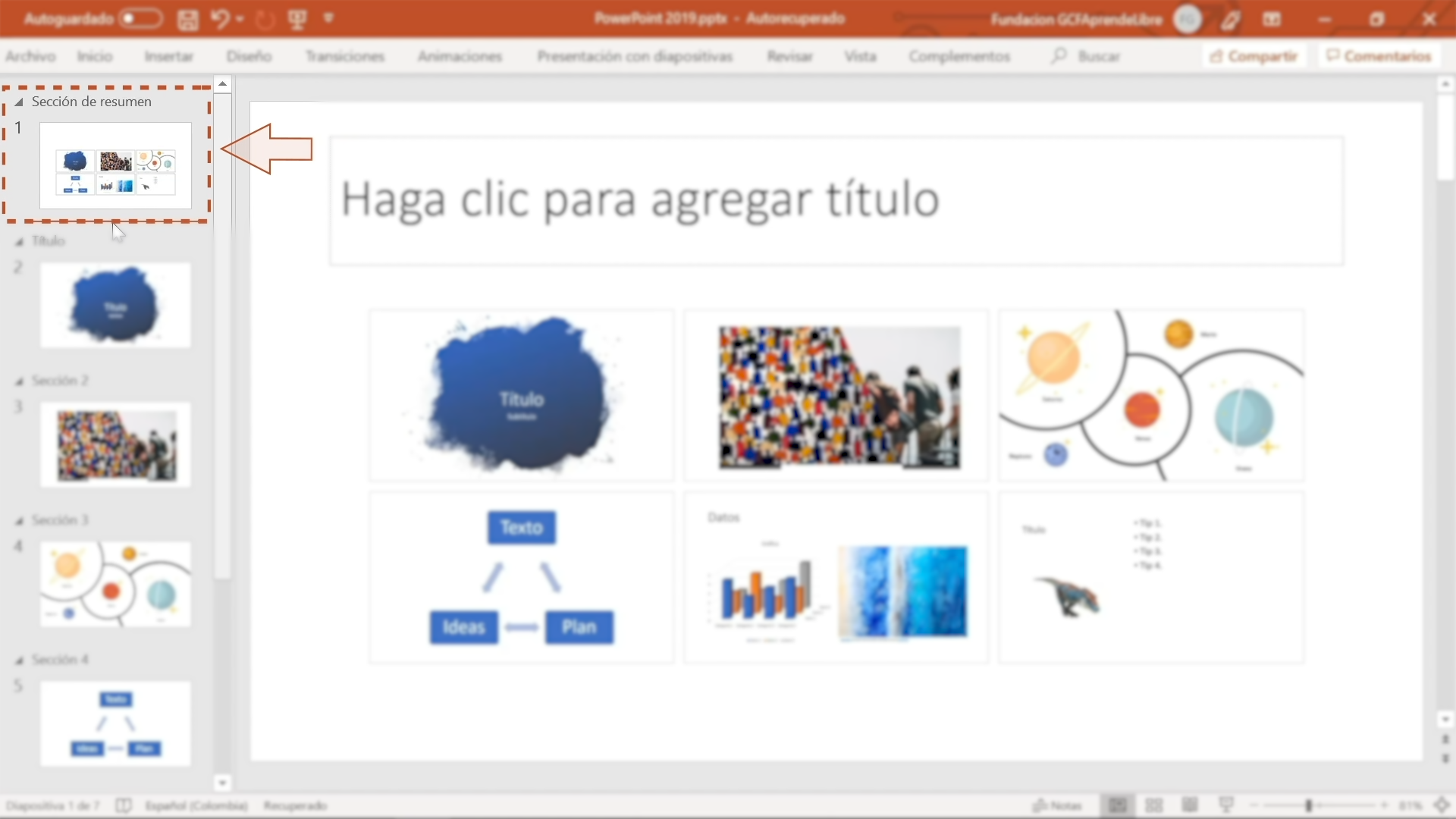 Imagen mostrando todas las diapositivas a través de la Sección de resumen. 