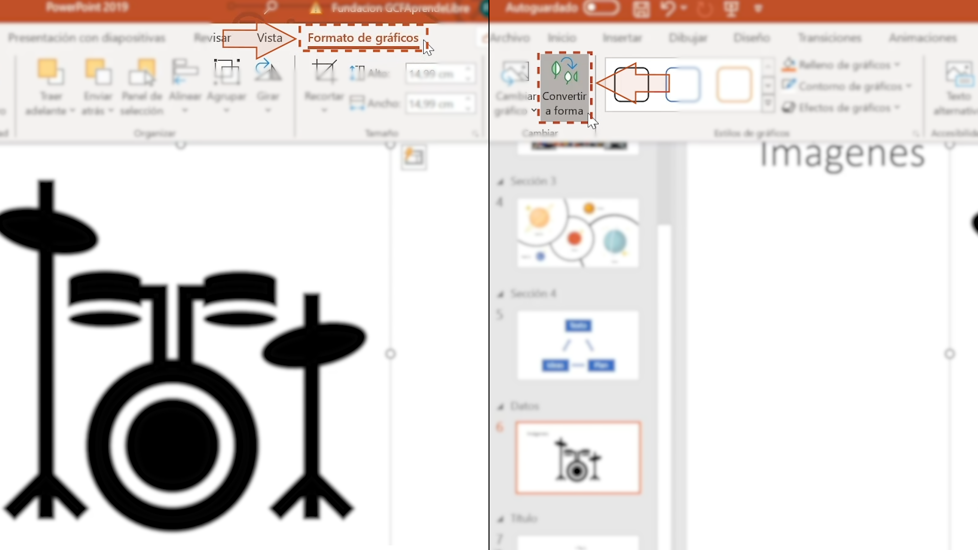 Imagen eligiendo la opción formato de gráficos y luego la opción Convertir a forma.
