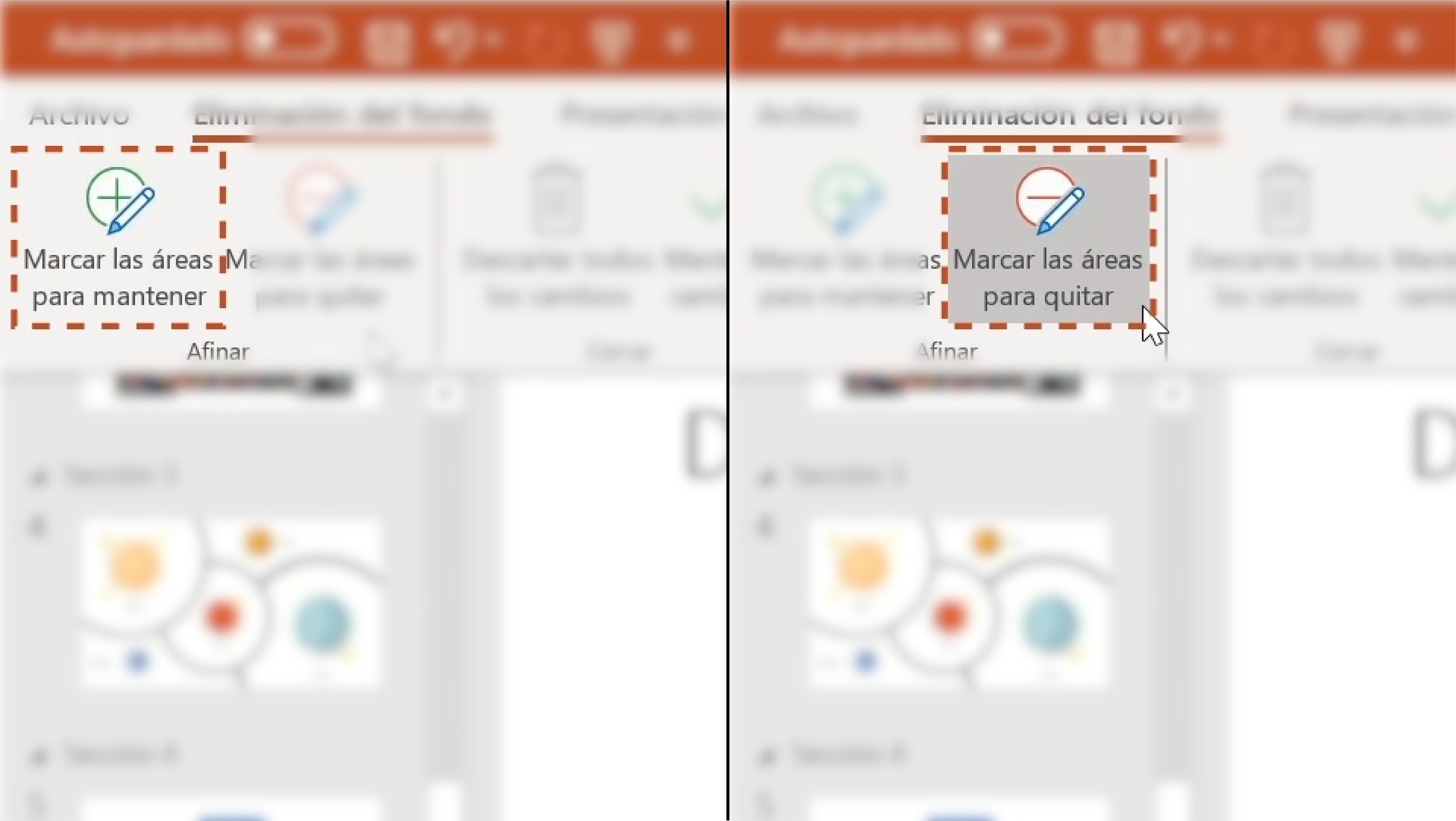 Imagen con las opciones Marcar las áreas para mantener y Marcar las áreas para quitar.
