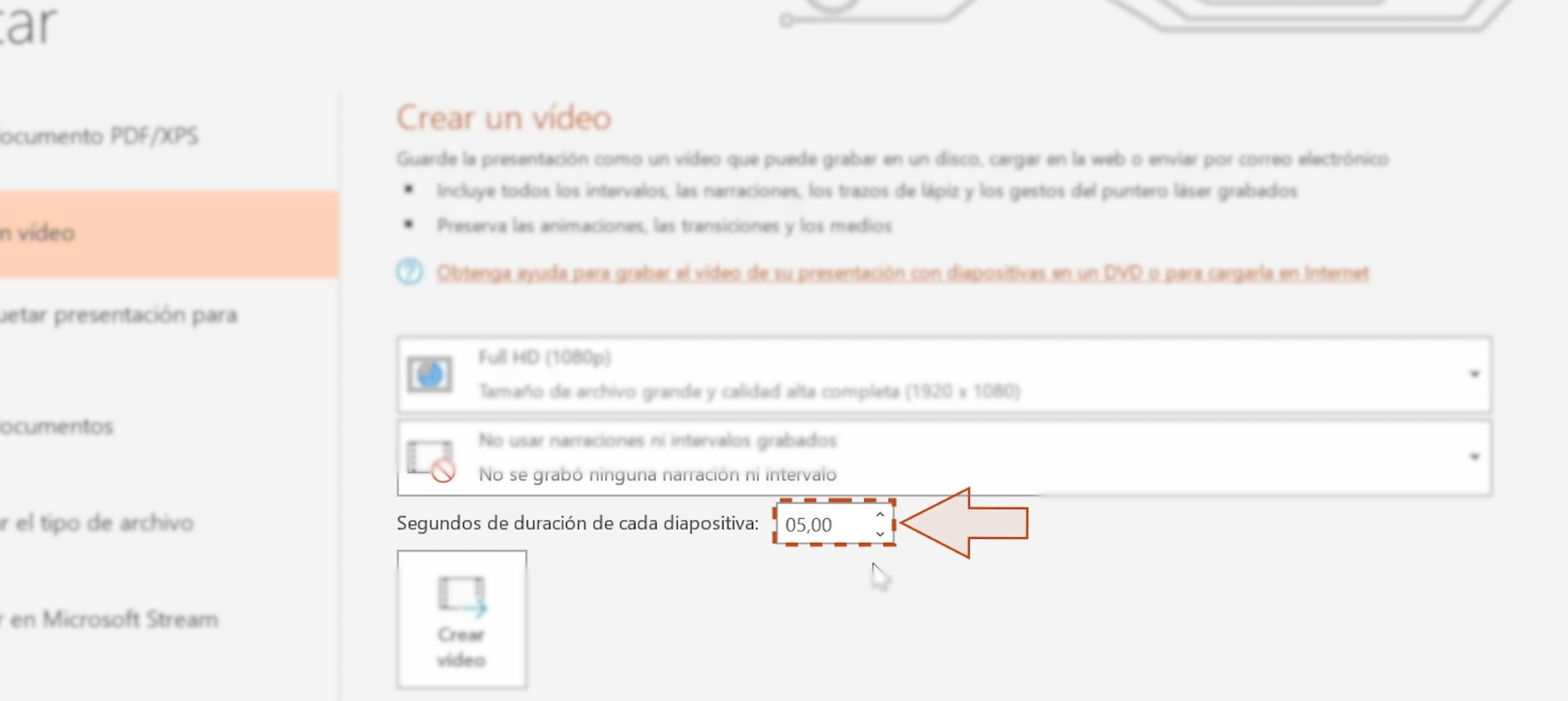 Imagen eligiendo la opción Segundos de duración de cada diapositiva. 