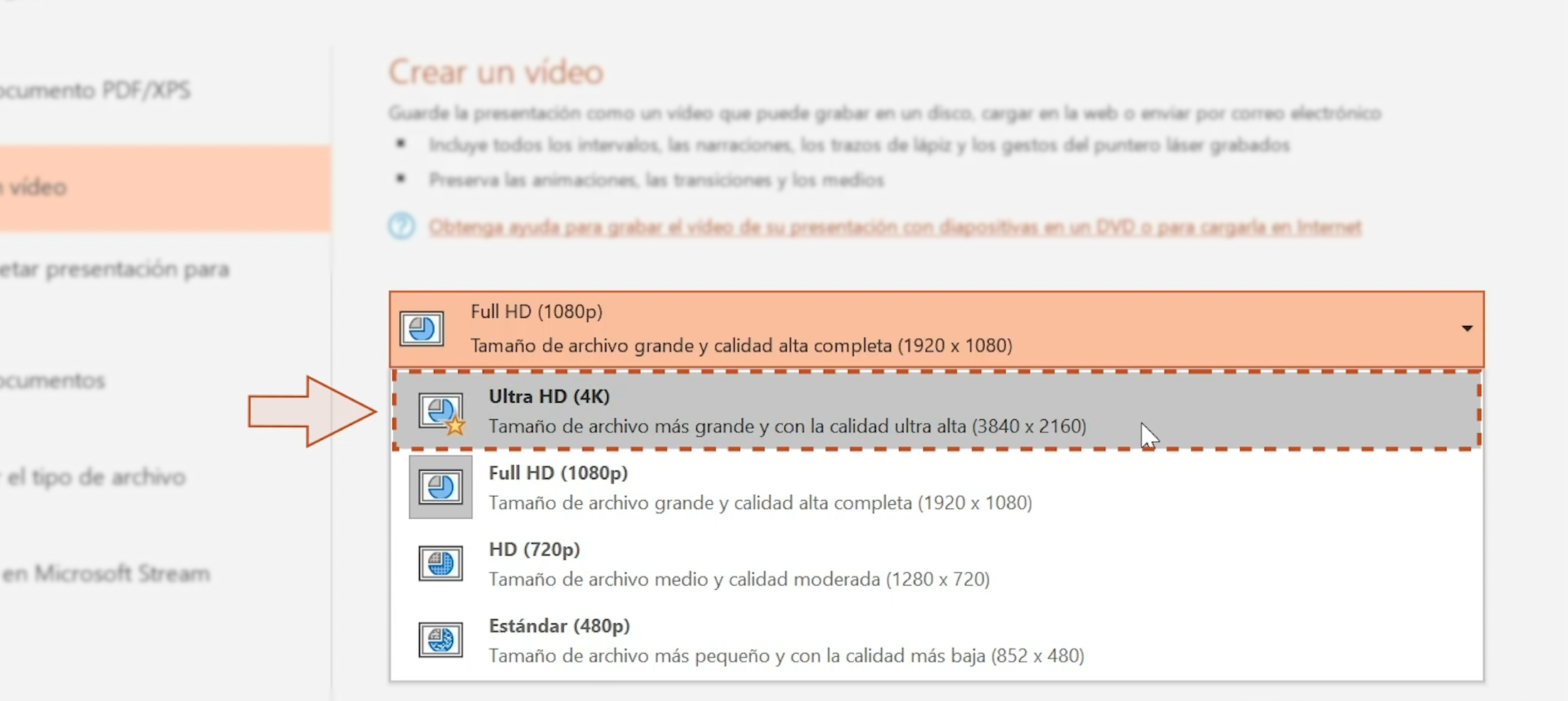 Imagen de lista con los tipos de resolución de video.