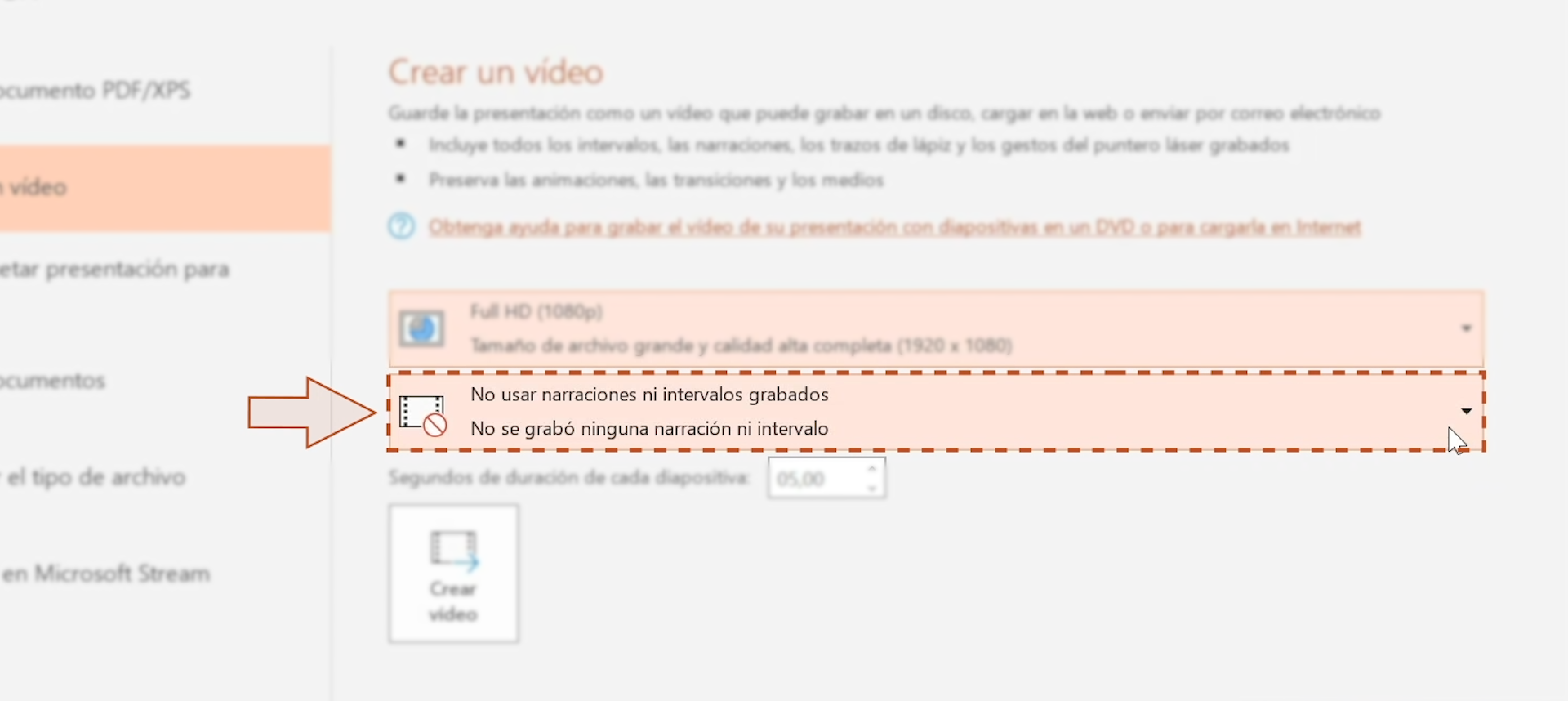 Imagen eligiendo la opción intervalos y audio para el video.