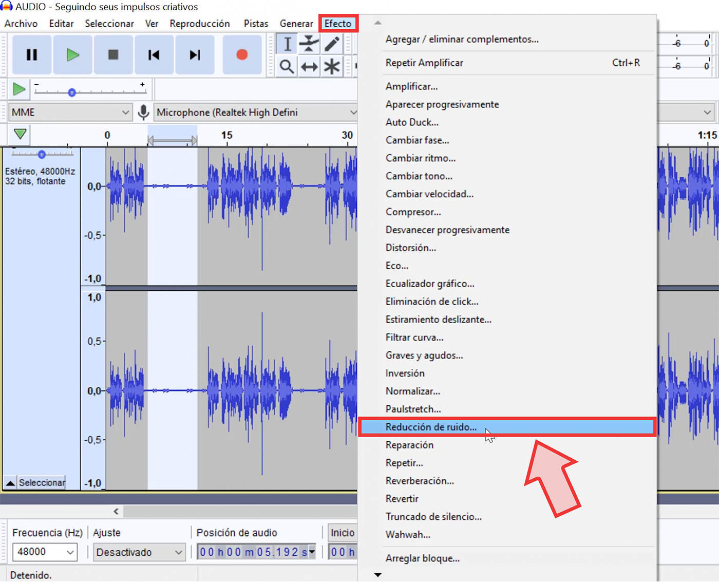 Ahora, haz clic en la pestaña Efecto y selecciona la opción Reducción de ruido. 