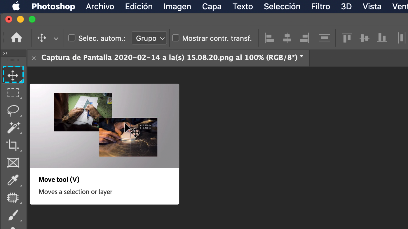 La herramienta Mover tiene forma de cruz.