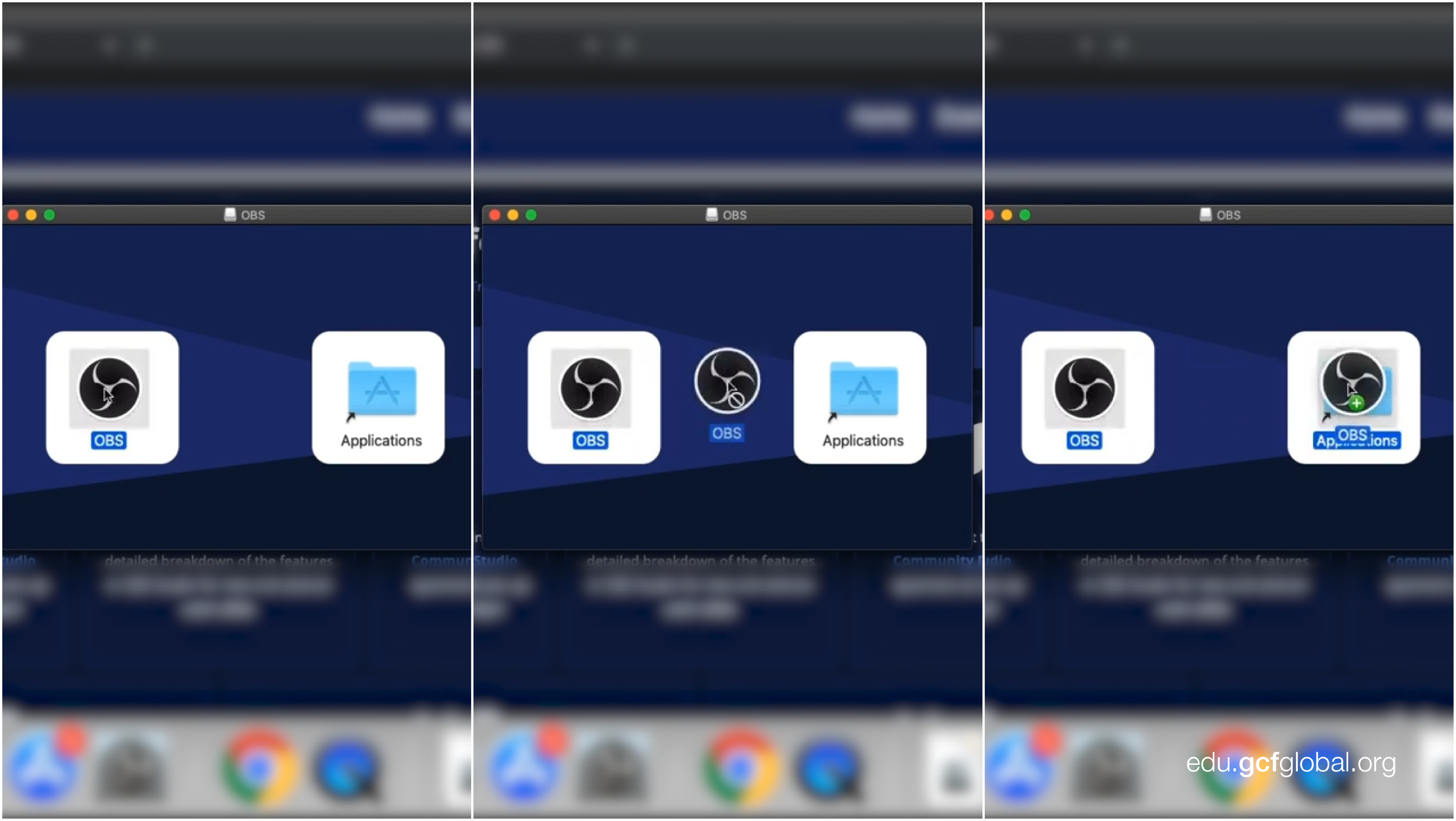 Imagen arrastrando el ícono de OBS a la carpeta Aplicaciones.