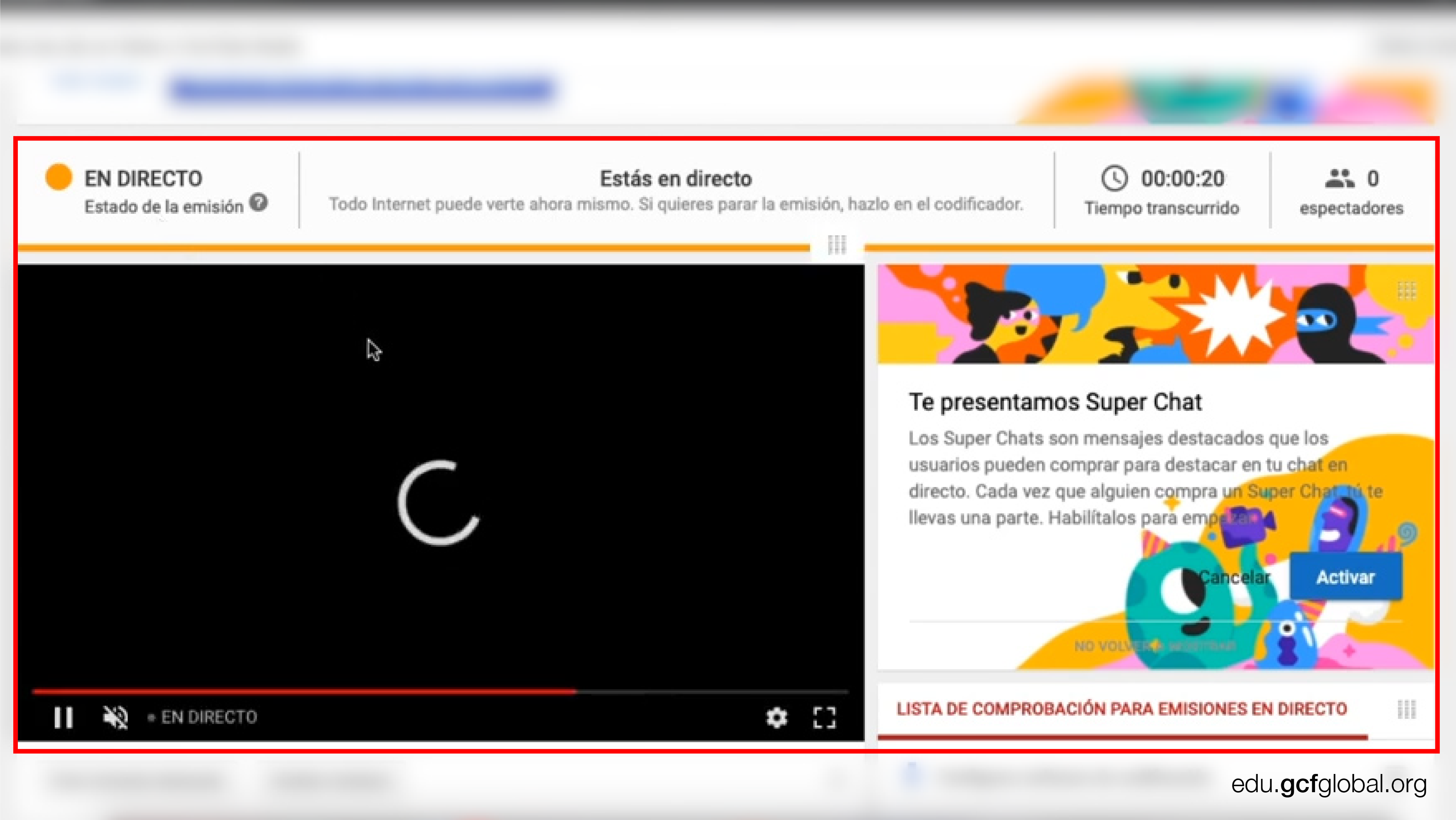 Imagen de YouTube viendo el estado y la previsualización de la emisión.