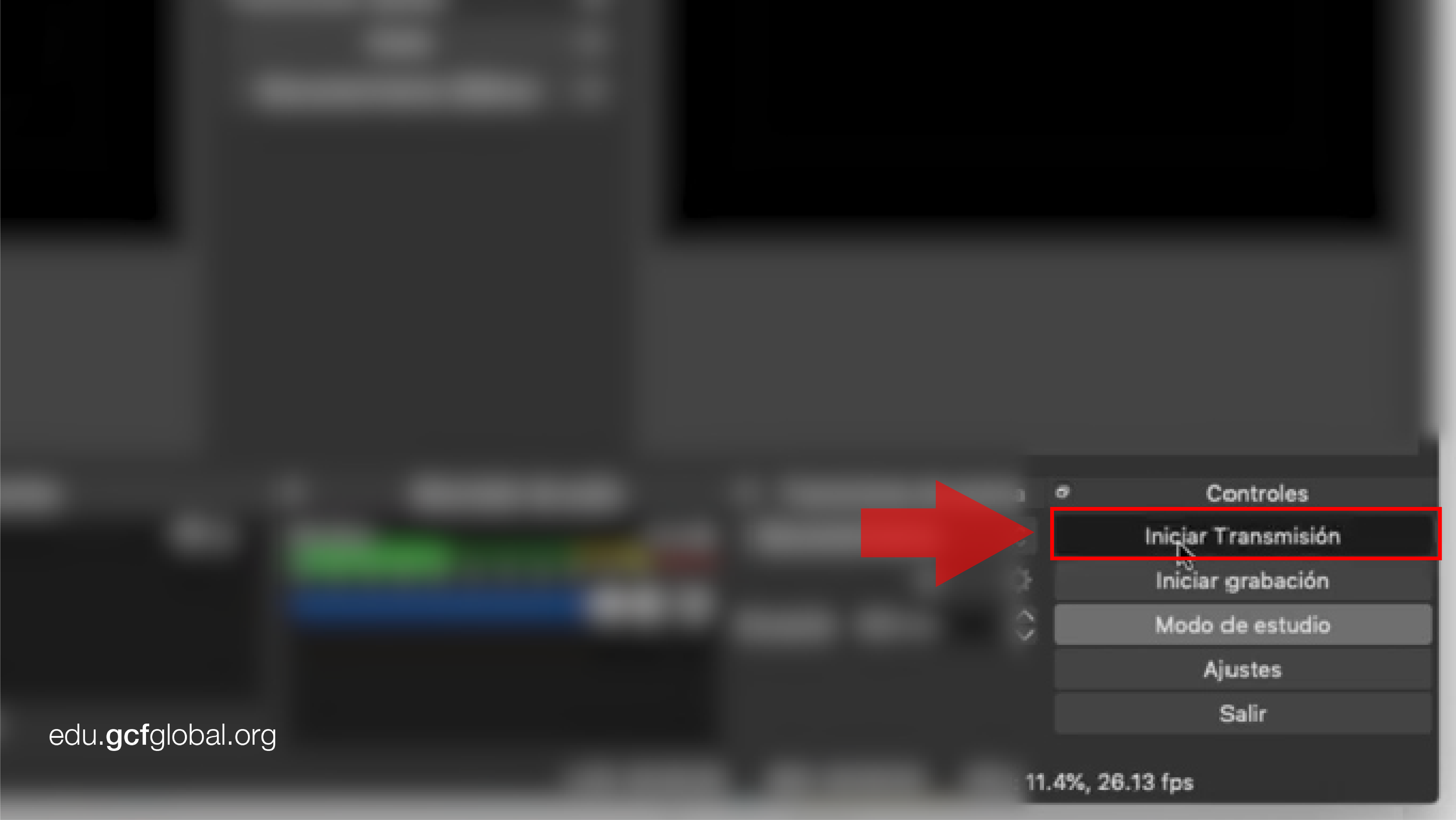 Imagen de OBS presionando Iniciar Transmisión.