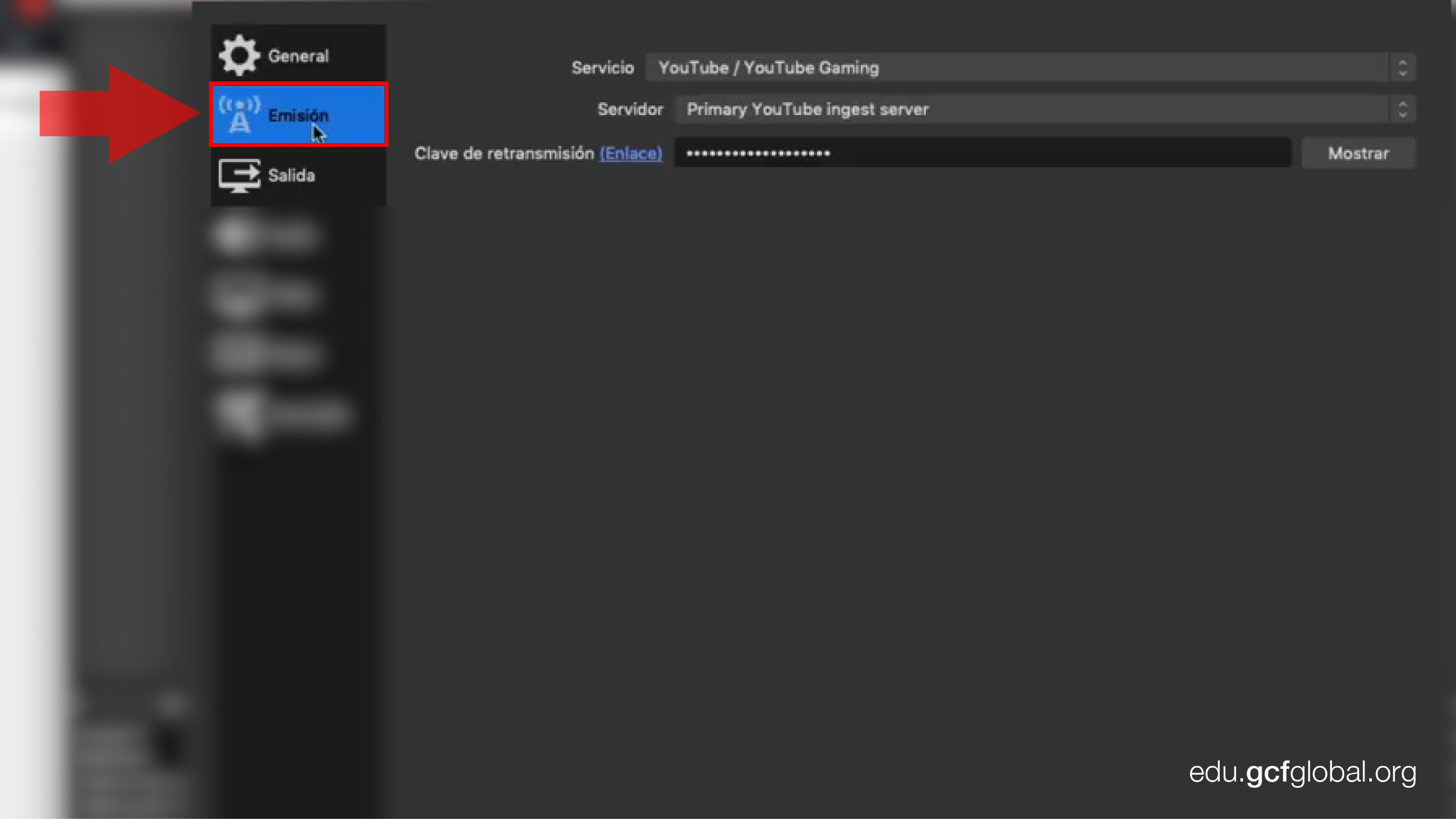 Opción de OBS llamada Emisión.