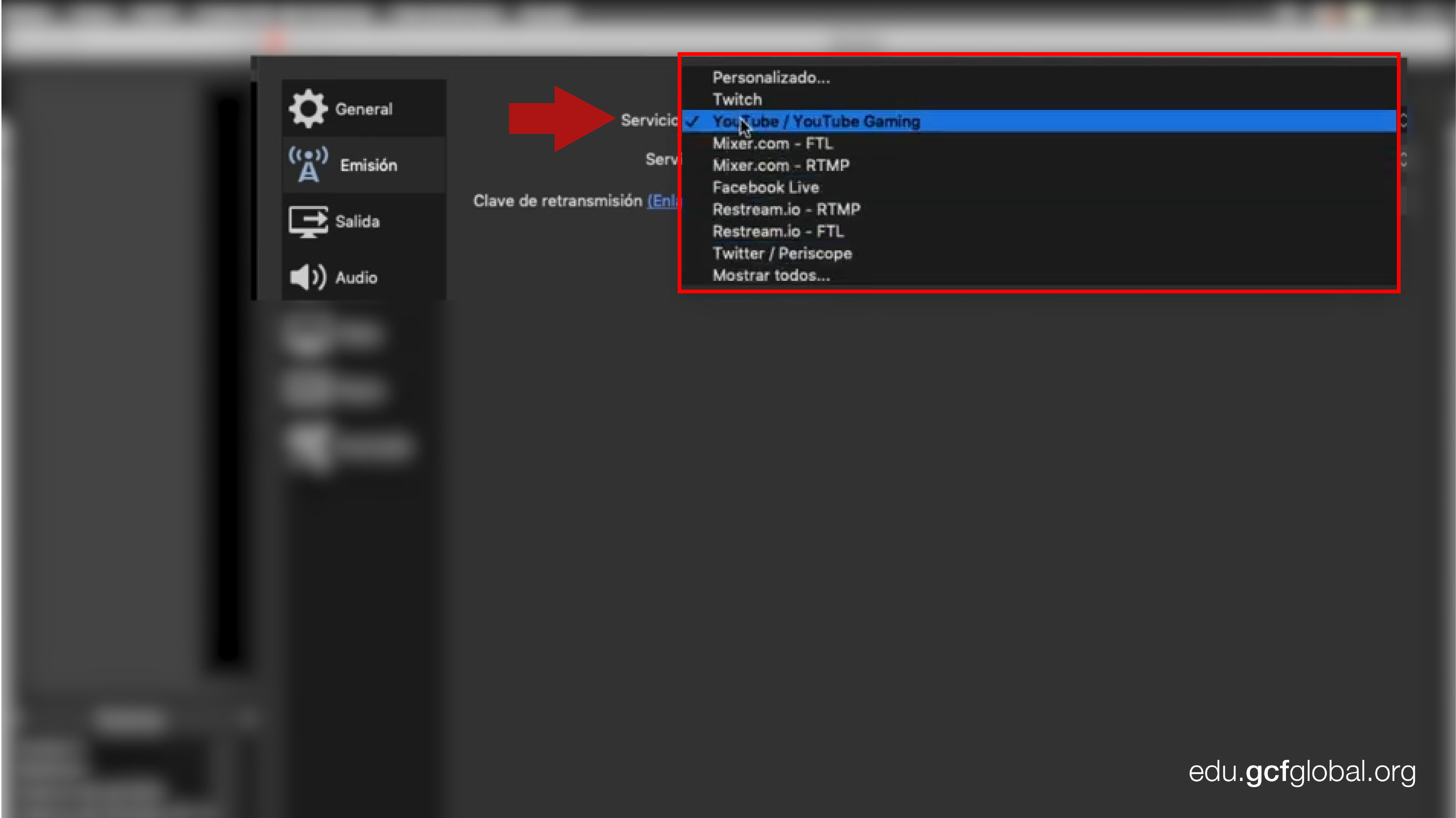 Opción de OBS eligiendo el servicio YouTube/YouTube Gaming.