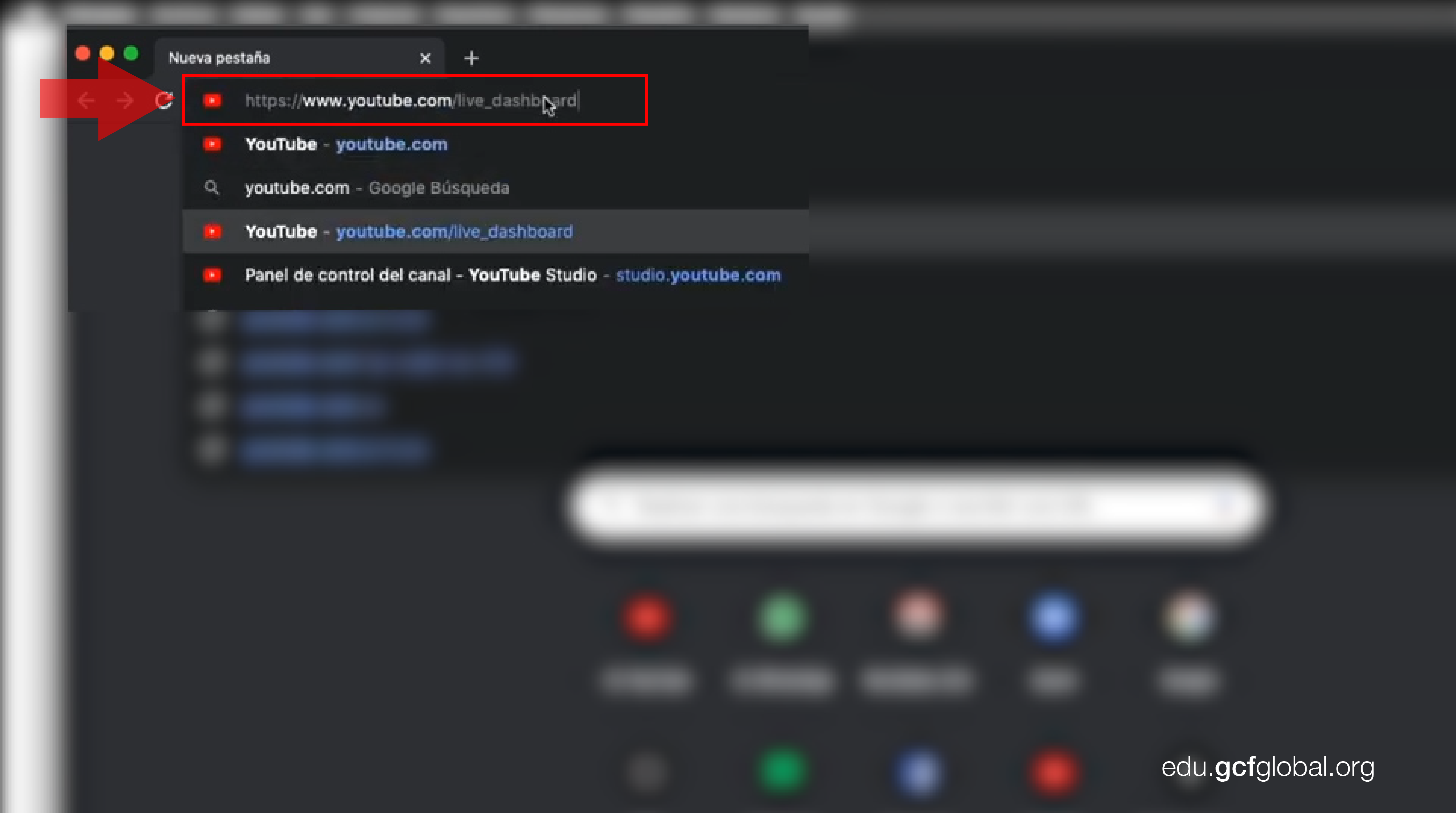 Imagen de navegador buscando https://www.youtube.com/live_dashboard.