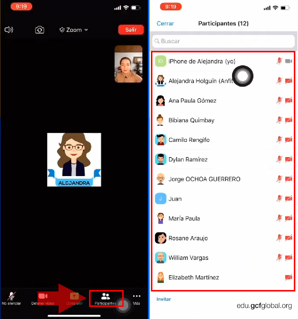 Imagen en la ventana de participantes de Zoom.