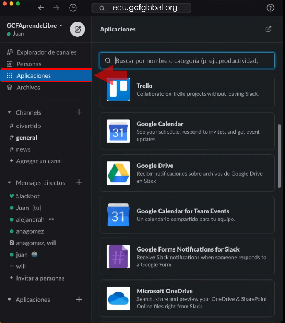 Imagen en la sección de aplicaciones en Slack.