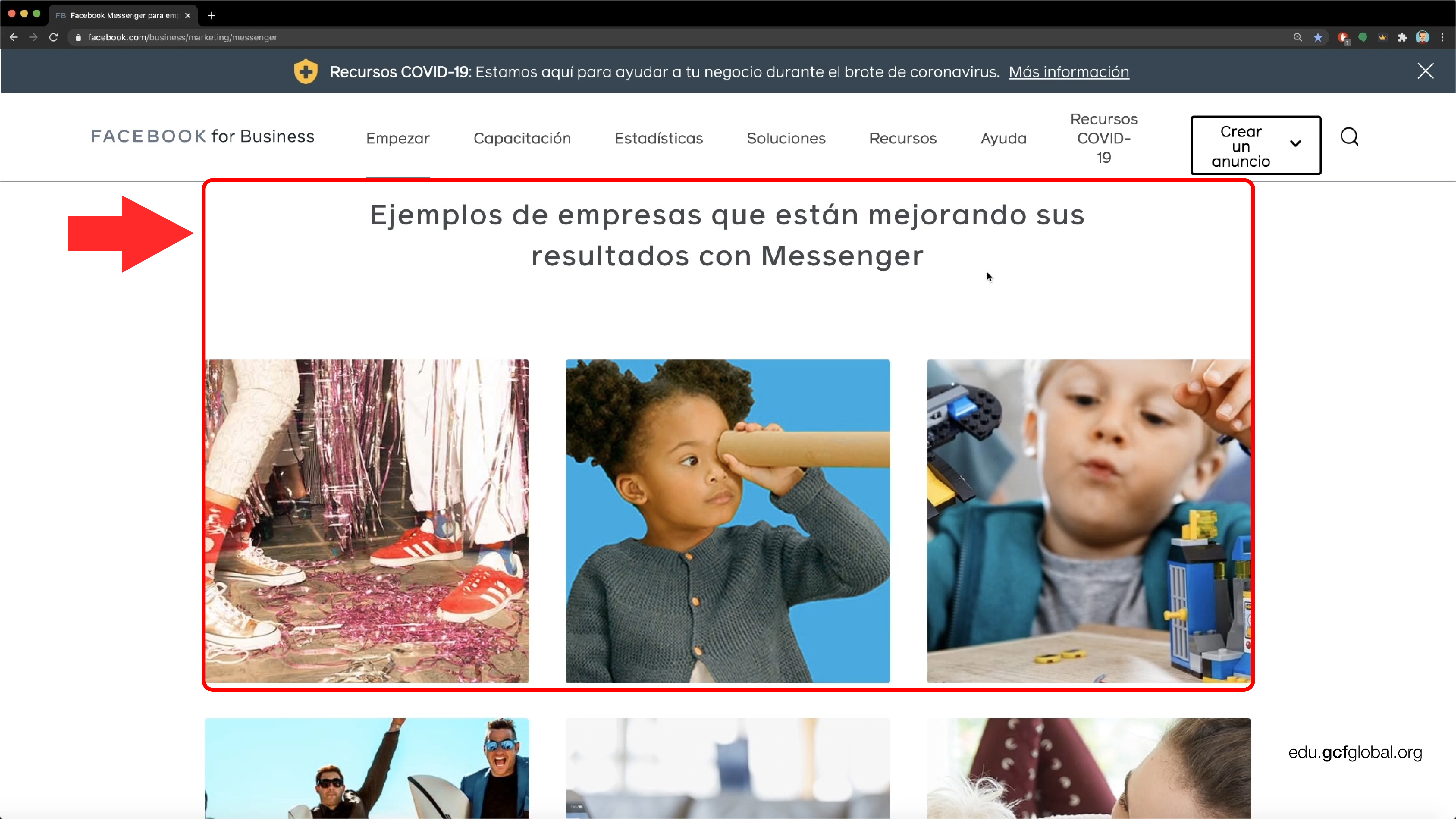 Imagen de página de casos de éxito con bots en Facebook Messenger