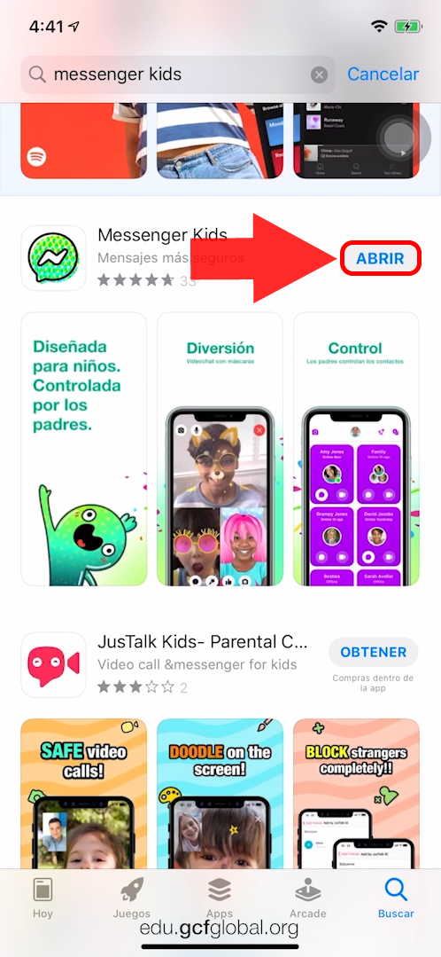 Imagen abriendo Messenger Kids.