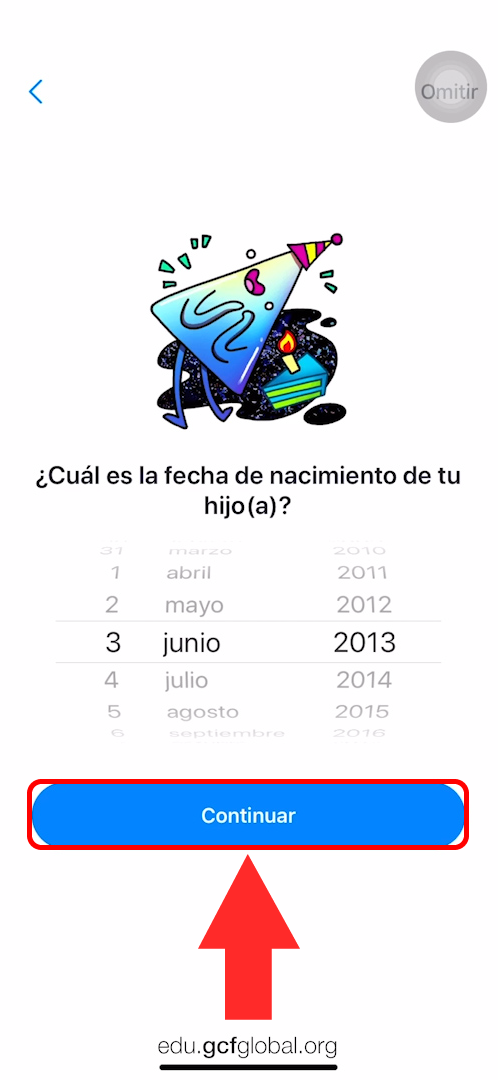 Imagen añadiendo la fecha de nacimiento y haciendo clic en Continuar.