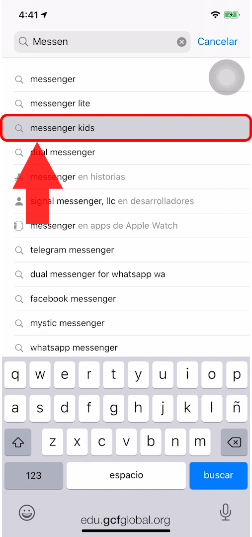 Imagen buscando e instalando Messenger Kids.