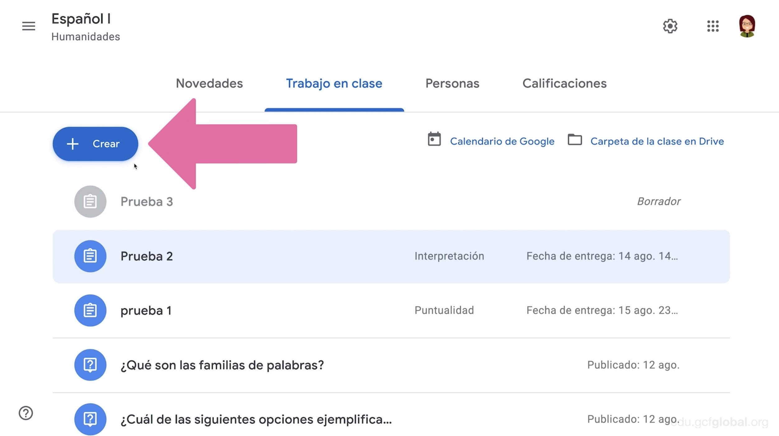 Hacer clic en botón crear para generar material de clase en Google Classroom