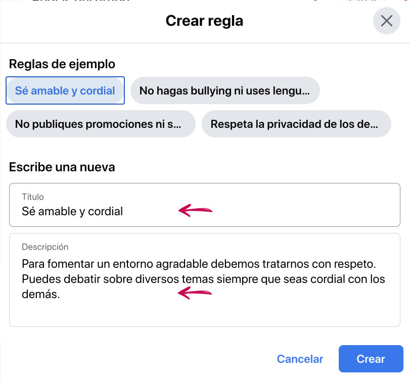 Título y descripción grupos de Facebook